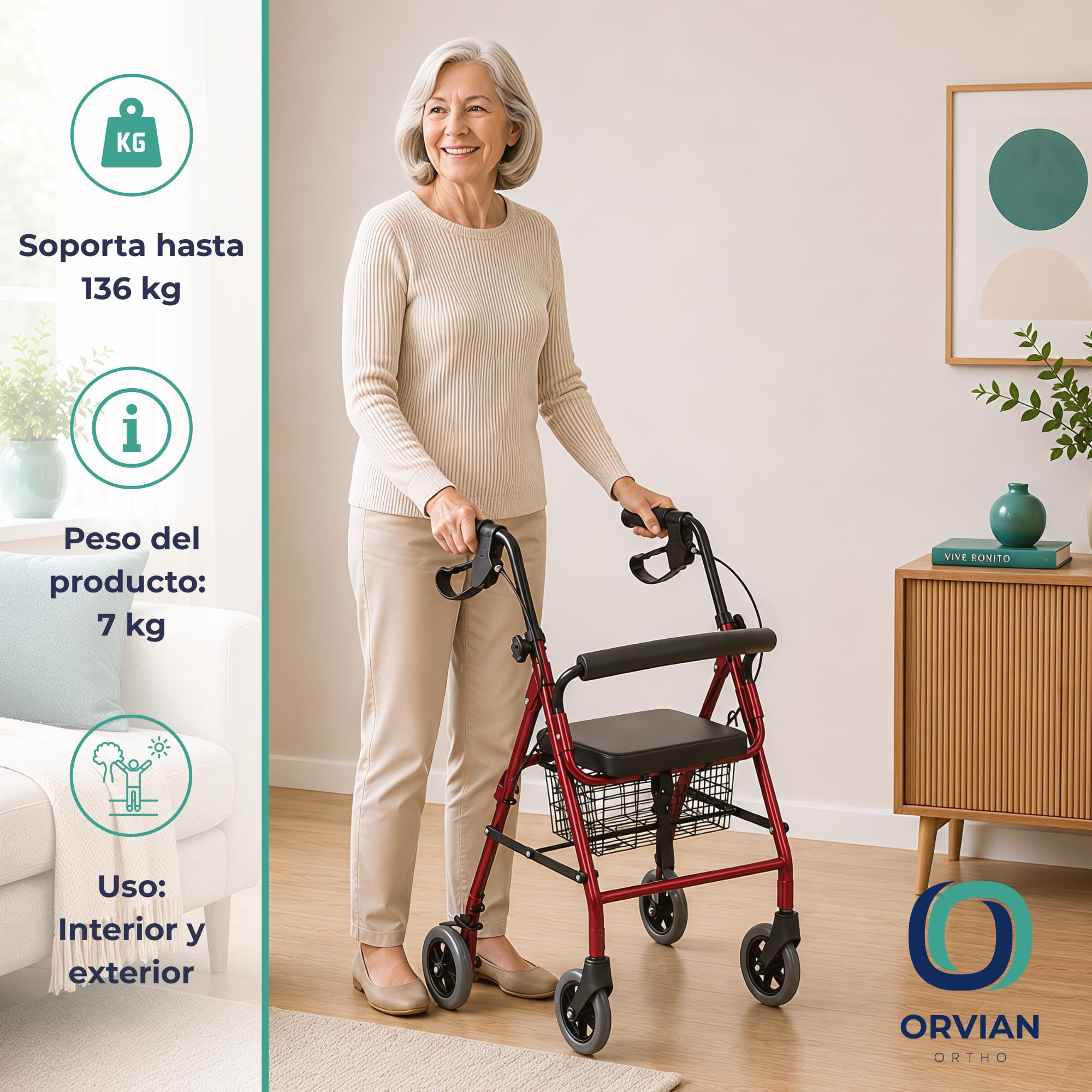 Andador para Ancianos Plegable con Frenos. Andador para Adultos con 4 Ruedas, Altura Regulable, Asiento Acolchado y Cesta. Caminador Estructura de Aluminio Ligero y Resistente. Hasta 136 Kg