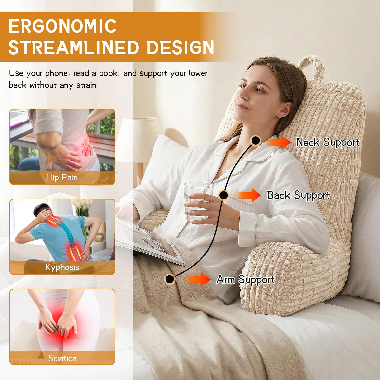 Coussin de Lecture, Coussin de Dossier et Oreiller de Lecture pour Lit et Canapé, Coussin de Soutien Confortable pour s’Asseoir, Lire et Regarder la Télévision