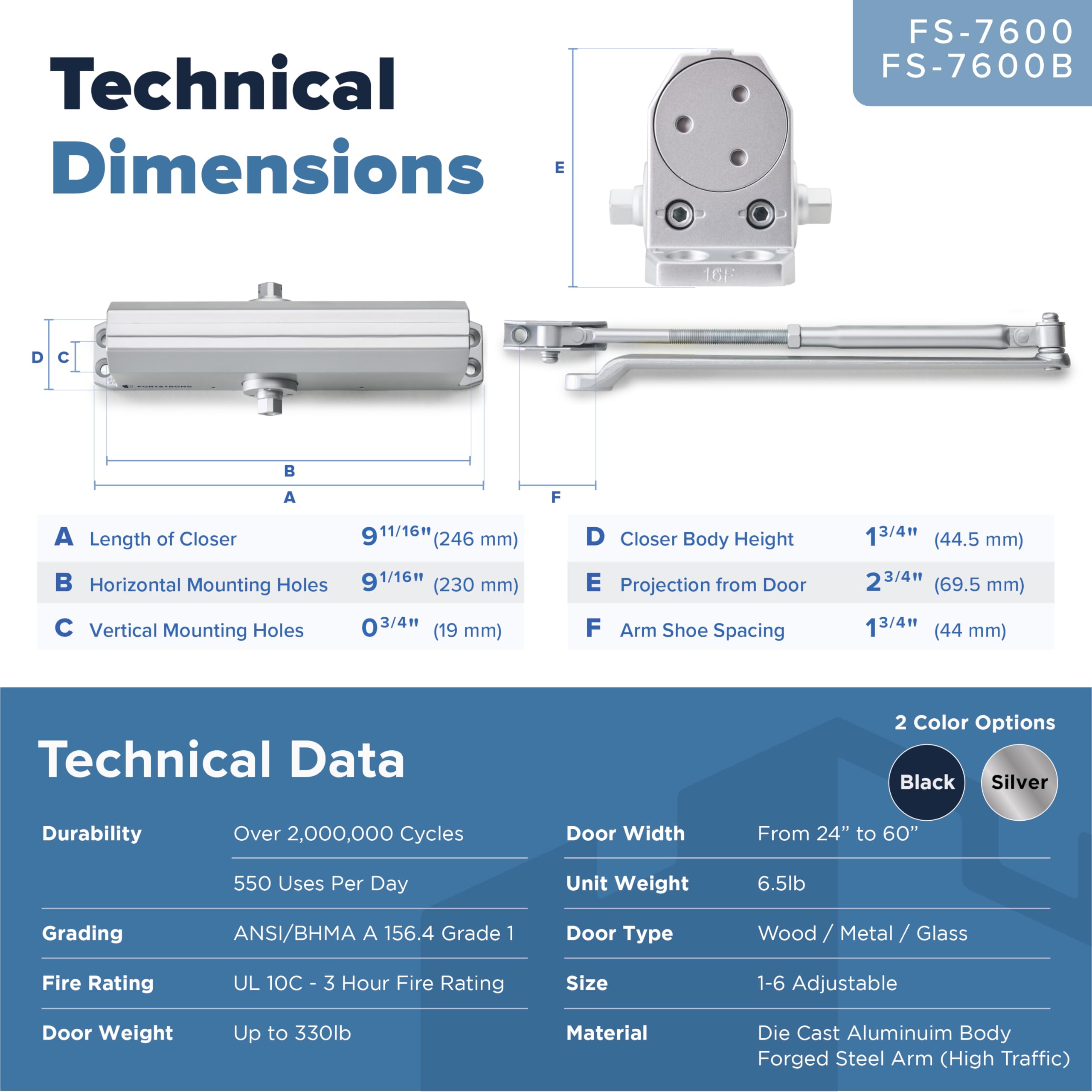 Fermeporte Fs7600 automatique réglable Commercial Heavy Duty Mécanisme hydraulique Ferme porte automatique avec installation facile la vie de la taille Modèle de fixation et instructions Argent
