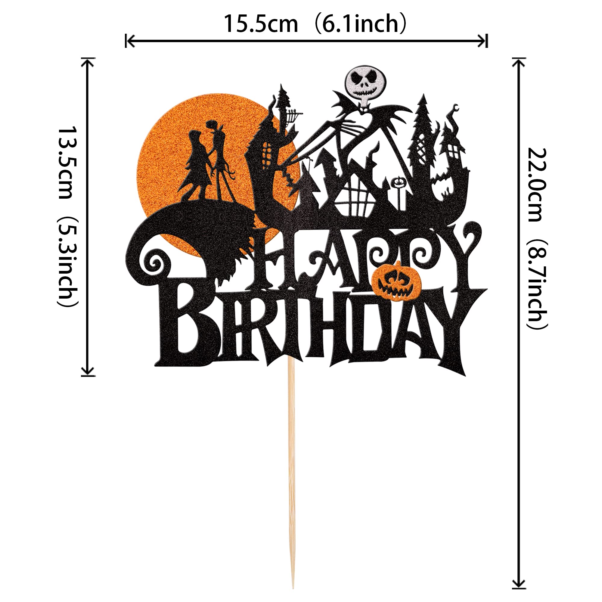 1 PCS Jack and Sally Pumpkin Bat Castle Ghost Cake Topper - Glitter Halloween Cake Pick for Kids Birthday Party & Baby Shower