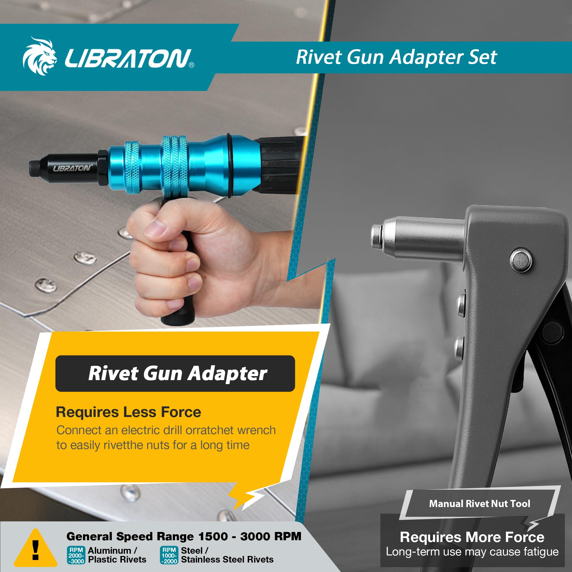 LIBRATON Adattatore per pistola a rivetti, adattatore per pistola a rivetti per trapano elettrico, accessorio per trapano a rivetti, per trapano elettrico senza fili, con manico, facile lavorazione