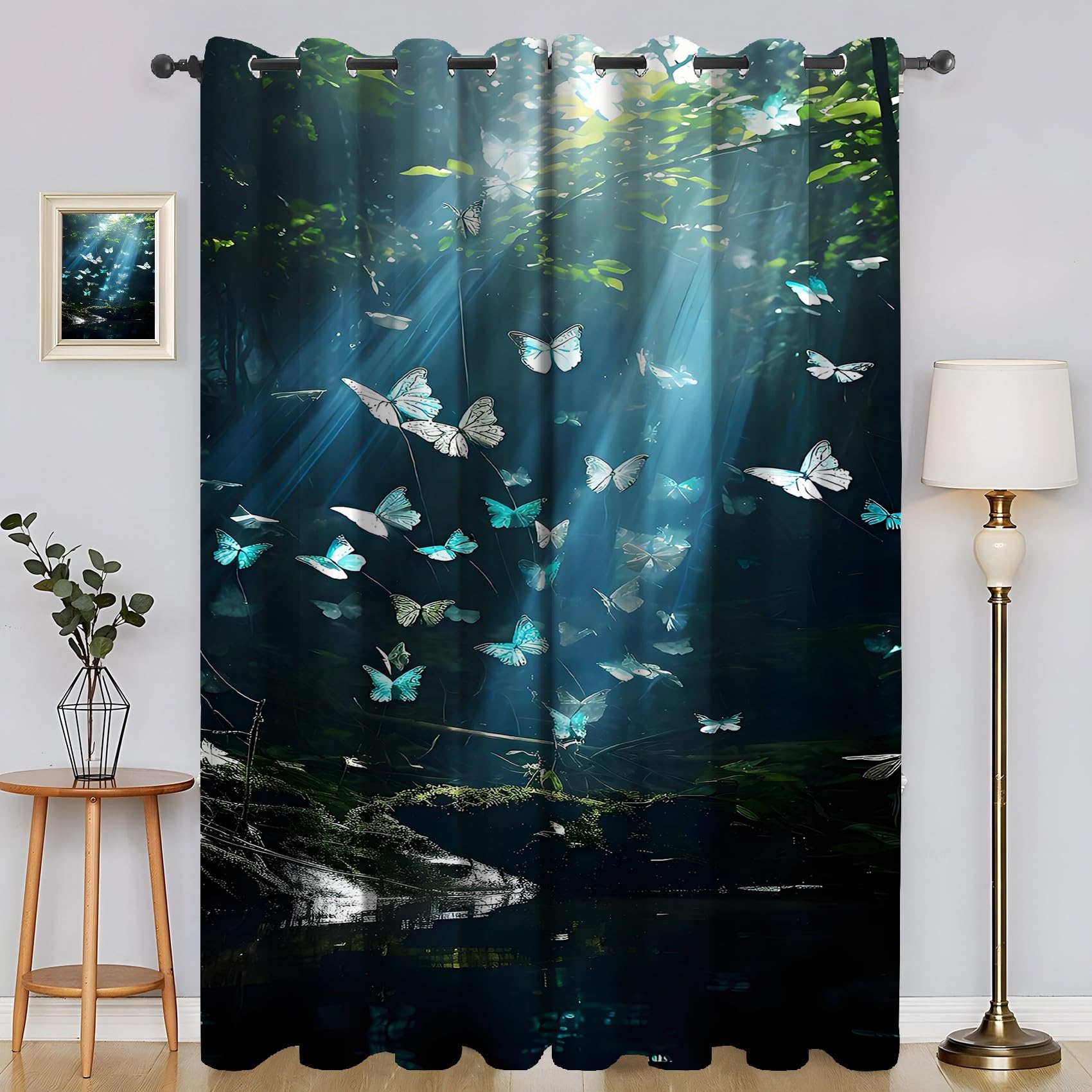 VerdunkelungsVorhänge, Blauer Schmetterling, Blickdichte Vorhänge mit Ösen, Grüne Pflanzen Thermovorhang, Vorhänge Blackout Curtain Kinder Wohnzimmer Schlafzimmer H260 x B140 cm (2er Pack) SA638