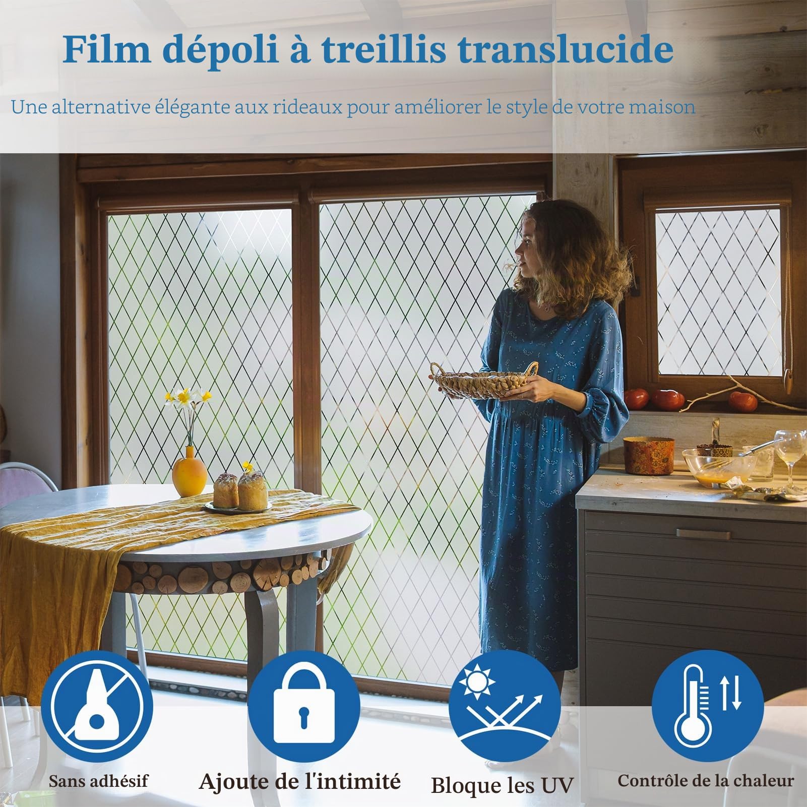 Film Dépoli pour Vitre à Treillis Transparent, Brise-Vue, 60x300cm | Film de Vitrage Répositionnable, Film Décoratif pour Vitre, Film Intimité Électrostatique, Anti-UV pour Maison, Bureau