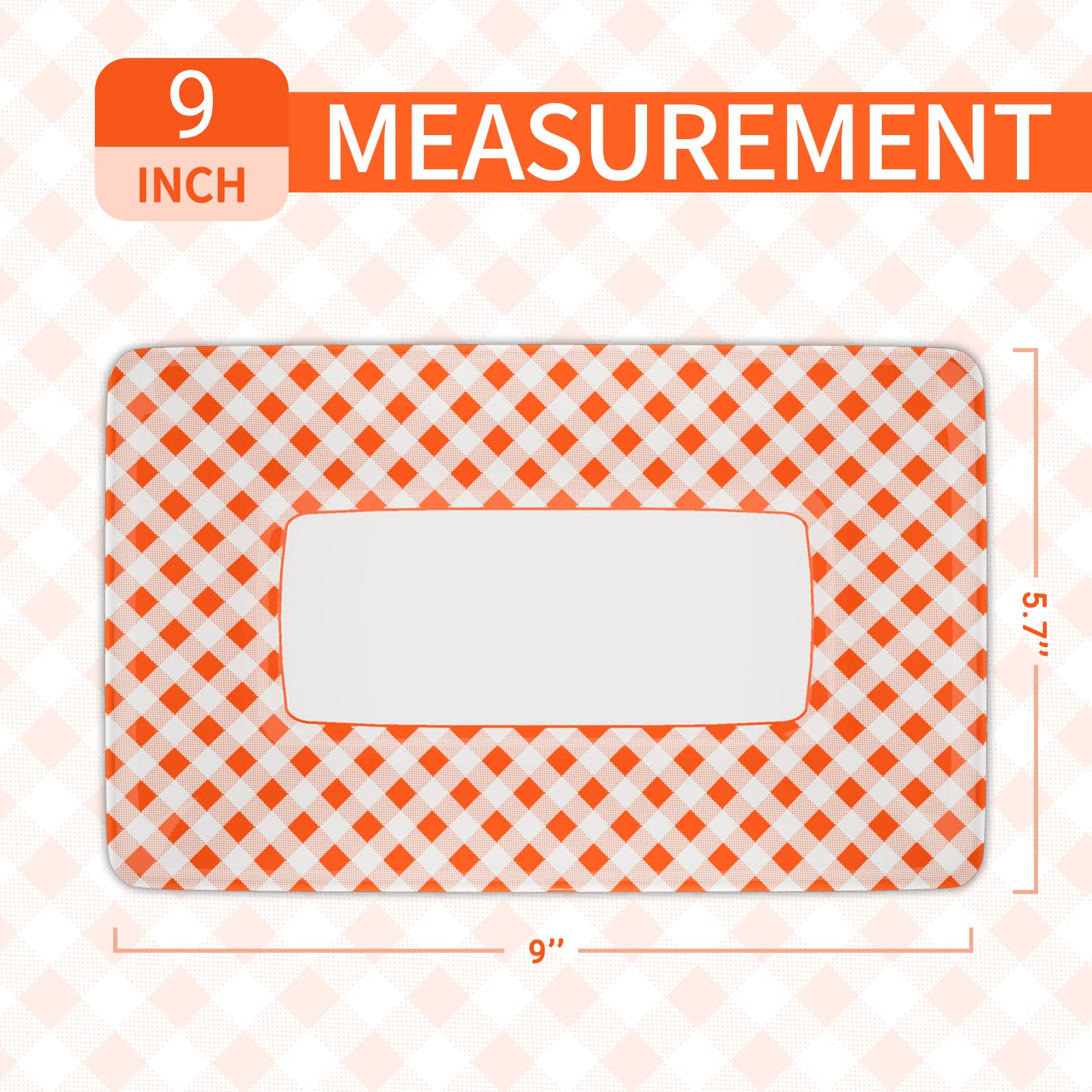 DYLIVeS Orange and White Buffalo Plaid Plates, 9.1 x 5.7 Inch Orange Checkered Disposable Paper Food Trays for Dessert Appetizers Snack Hotdog Rectangular Platters for Picnic, Easter Party, 50 Pcs