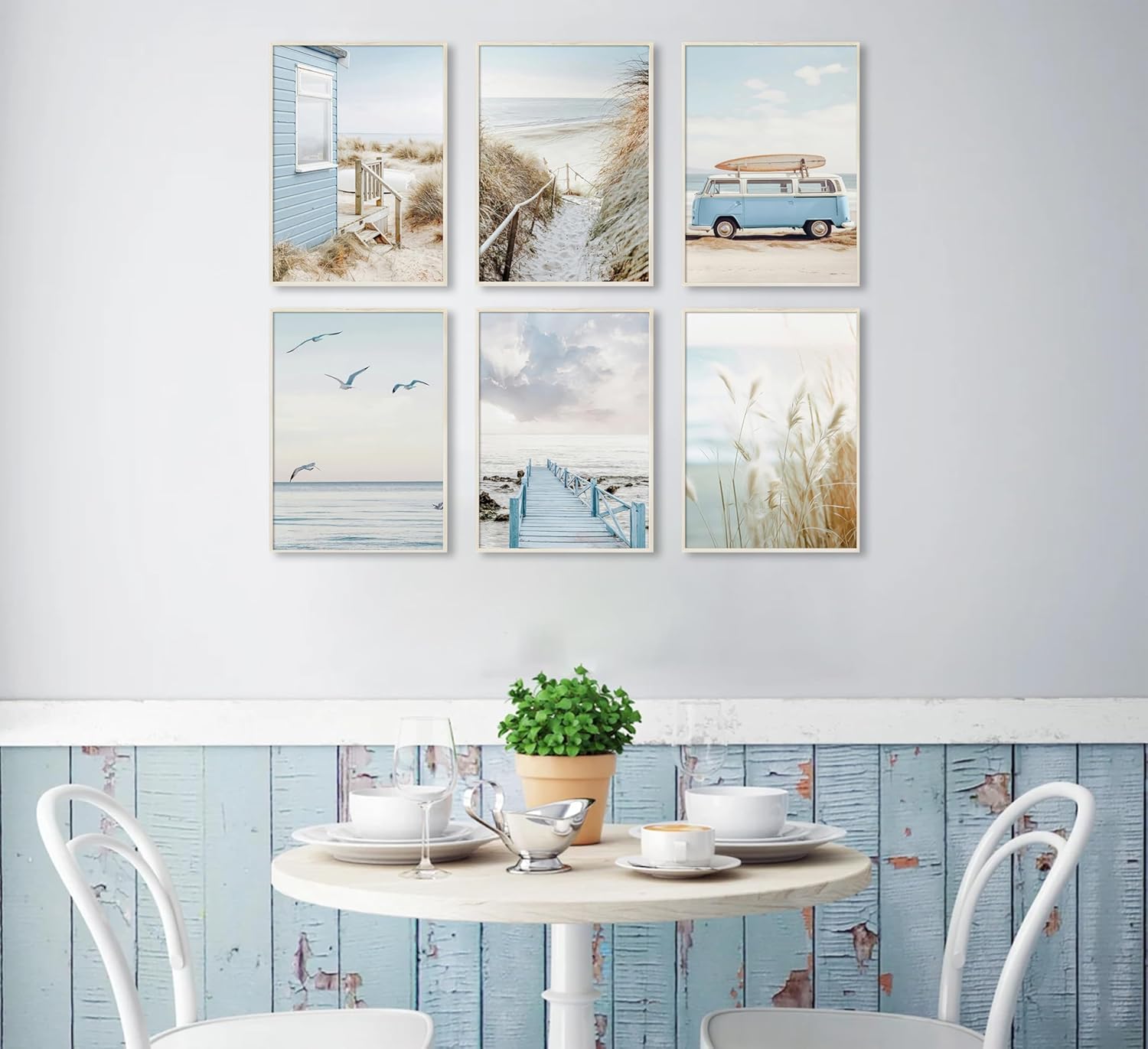 6Pcs Blue Coastal Beach Canvas Wall Art Summer Tropical Ocean Picture Wall Decor Nautical Surfboard Bus Posters Preppy Beach Painting Prints Artwork for Living Room Bedroom Bathroom Home Decoration