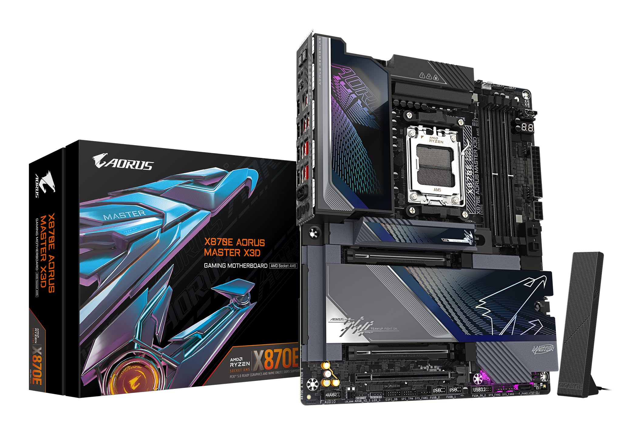 GIGABYTE Płyta główna X870E AORUS MASTER X3D - obsługuje procesory AMD Ryzen 9000, 18+2+2-fazowy cyfrowy VRM, do 9000 Hz DDR5 (OC), 2xPCIe 5.0 + 3 x PCIe 4.0, Wi-Fi 7, 10 GbE LAN, USB 4