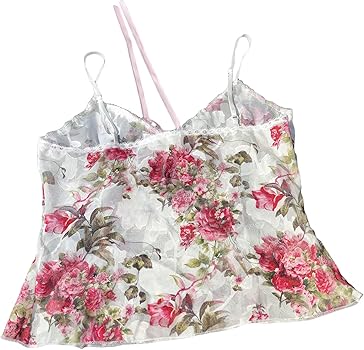 トップス S flower taped camisole Women's Spaghetti Strap Camisole Floral Print V Neck Tie-Up Cami