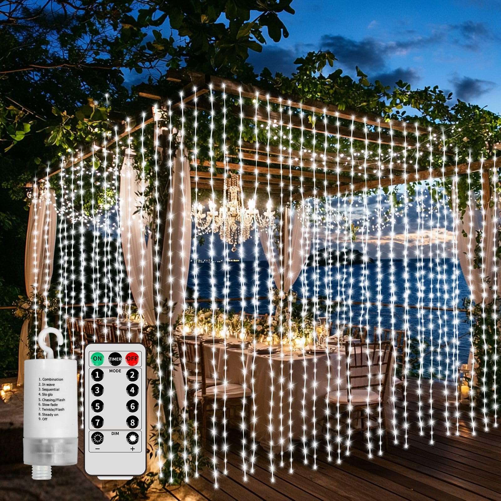 Ryblgled 300 LED Battery Operated Curtain Lights, Cool White 10ftx10ft Battery Power Fairy Curtain String Lights with Remote Timer for Indoor Bedroom