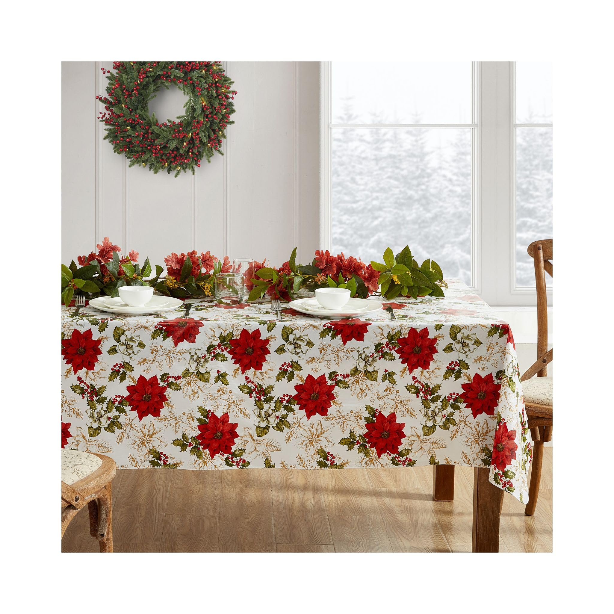 Elrene Multicolor Home Fashions Christmas Poinsettia Grace Water- And Stain-Resistant Vinyl Tablecloth With Flannel Backing, 52"X70" Rectangle