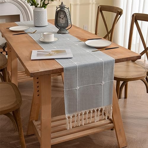 Miniatura 3 de Gernaice Camino de mesa rústico de lino de 13 x 72 pulgadas, vintage, a cuadros, bohemio, bordado a cuadros, 72 pulgadas de largo, con borlas,