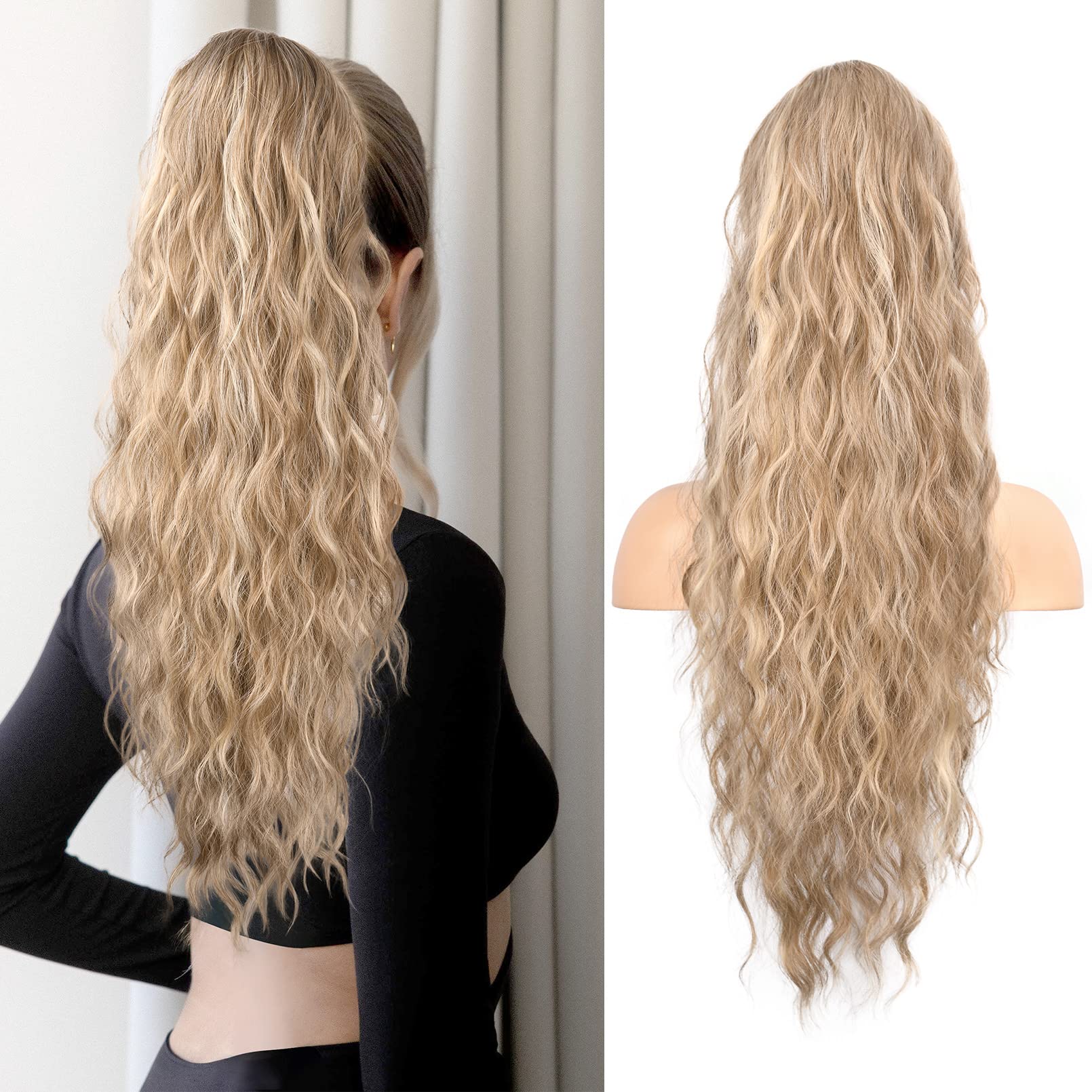 Flufymooz Ponytail Extension Pferdeschwanzverlängerung, 66 cm Pferdeschwanz mit Kordelzug Haarverlängerungen, Lockiger Pferdeschwanz Synthetisches Haarteil für Damen (Dunkles Aschblond)