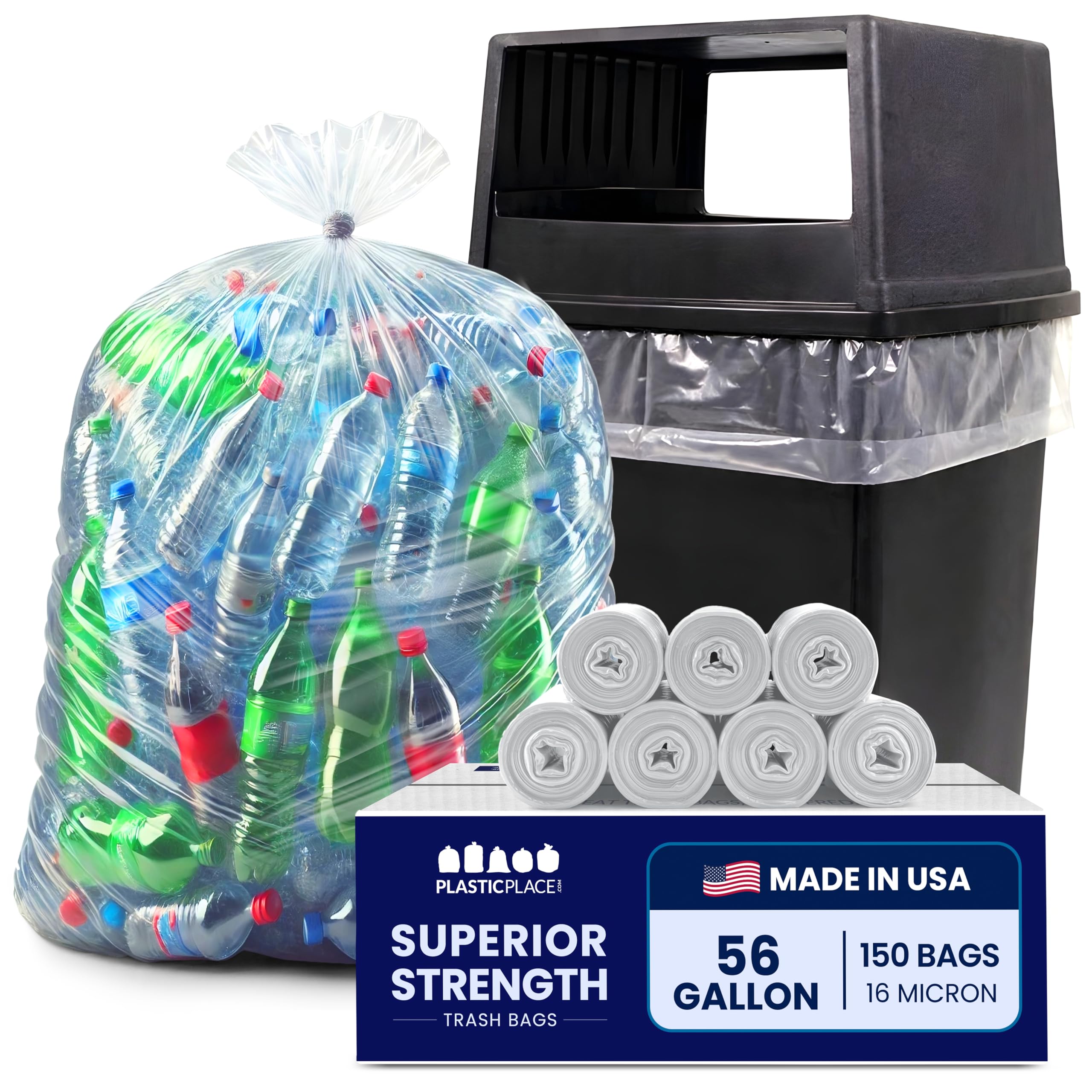 Plasticplace Worki na śmieci, przezroczyste worki na śmieci o wysokiej gęstości, wytrzymałe, bez zapachu, duże wkładki do pojemników na śmieci do kuchni, komercyjnego i ogrodu, 16 mikronów, szczelne