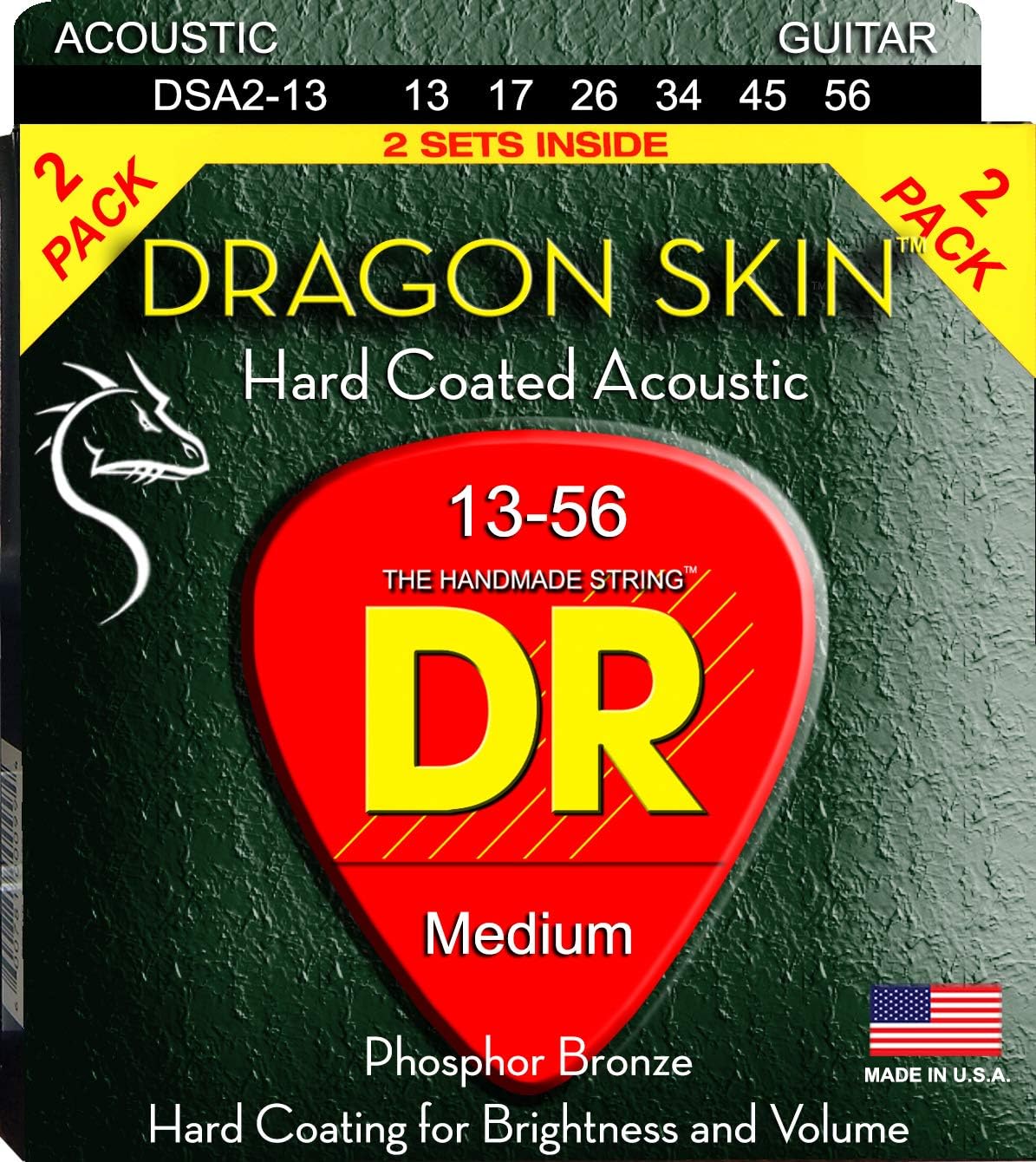 DR Strings DSA-2/13 Dragon Skin Clear Coated Phosphor Bronze Acoustic Guitar Strings Value Pack