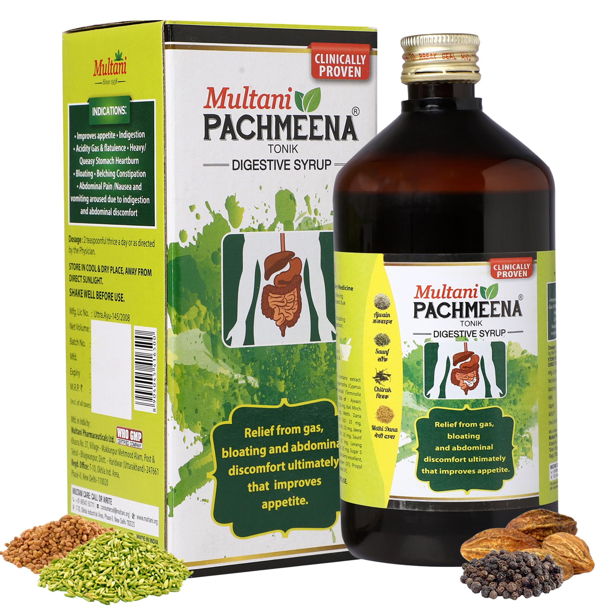 Multani Pachmeena Tonik Digestive Syrup |Ayurvedic Products For Better Digestion | Relief From Gas, Bloating, Abdominal Discomfort | Usefull In Improving Appetite | 450 Ml