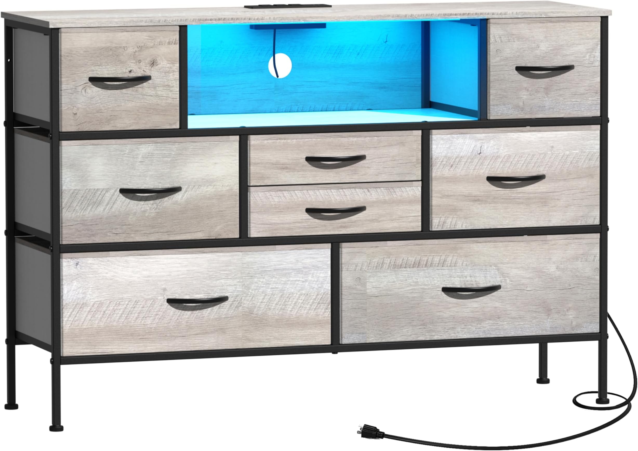 Long Dresser with Charging Station and LED Light for Bedroom 8 Fabric PU Drawers Wide Chest of Drawers with Power Outlet Storage Open Shelf for Living Room TV Stand Closet Hallway (Greige)