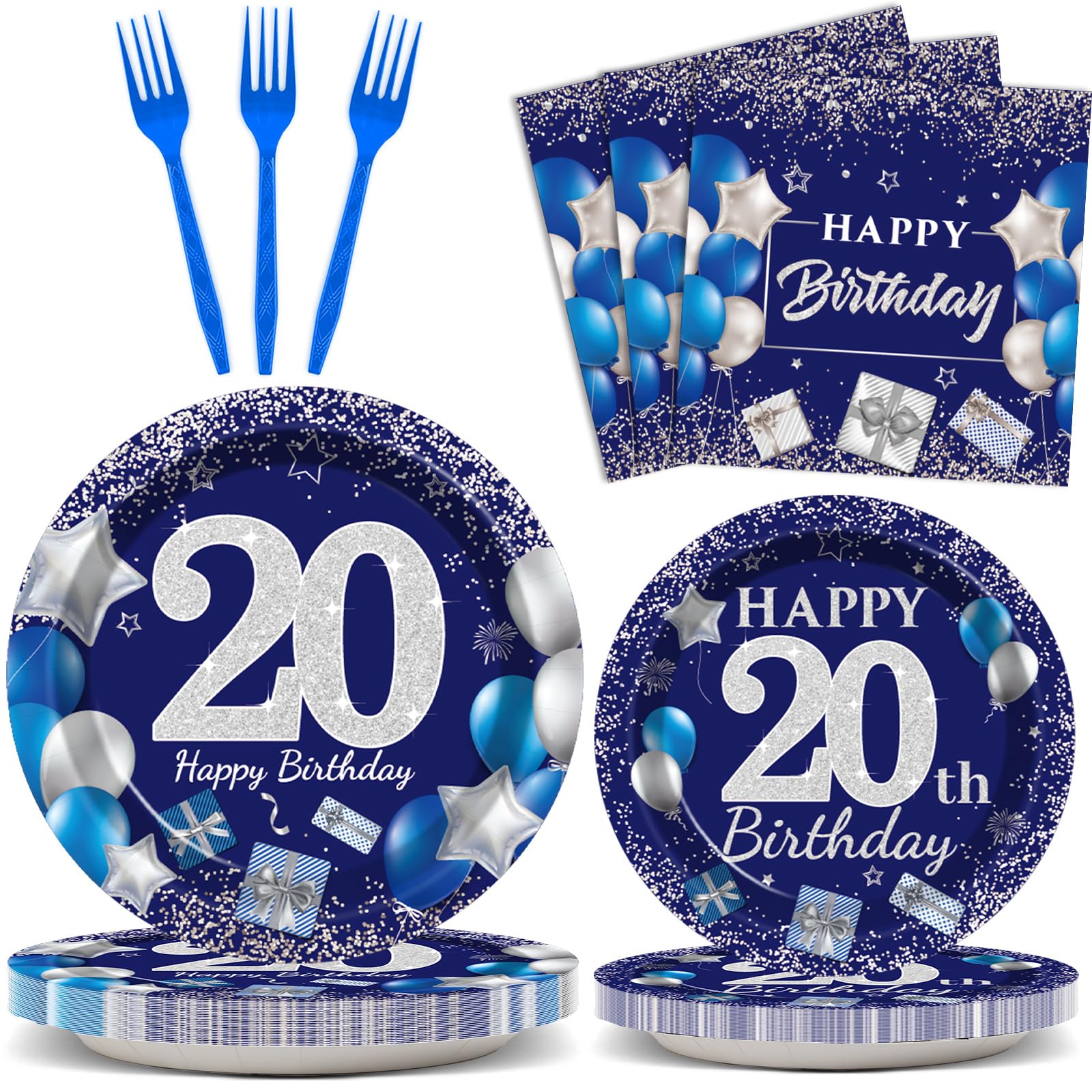 96 Pcs 20th Birthday Party Supplies Navy Blue and Silver Birthday Plates 20th Birthday Paper Tableware Happy Birthday Party Plates and Napkins Forks Blue Birthday Table Decorations for 24 Guests