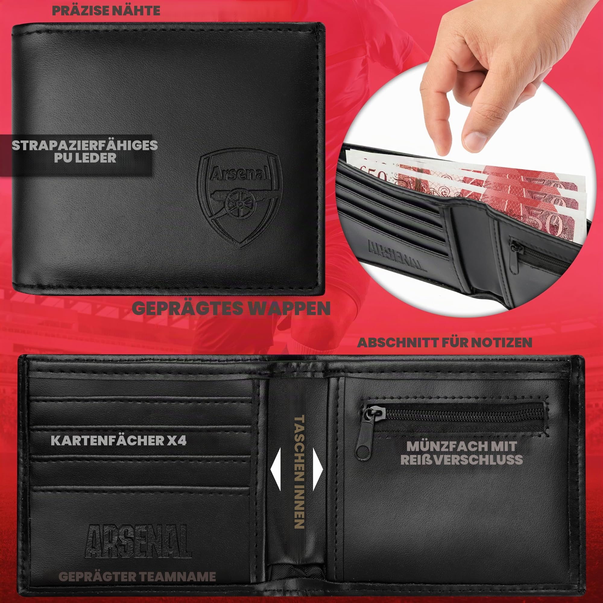 Arsenal F.C. Sport-Fan-Geldbörsen-Zubehör-Set mit Kartenfächern und Münzfach, Fussball-Geschenke für Männer, Schwarz , Einheitsgröße, Modern