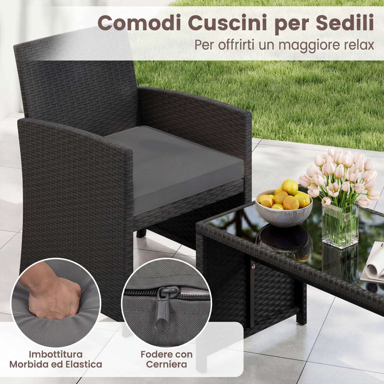 COSTWAY Set Salotto da Giardino 4 Pezzi, Divanetto e Poltrone in Rattan con Tavolino da Caffè in Vetro Temperato, Grigio
