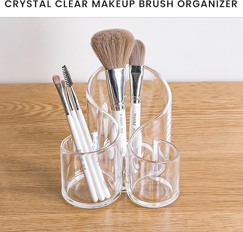 Miniatura 8 de Soporte acrílico para brochas de maquillaje  Organizador de 3 compartimentos para tocador, brochas de maquillaje, lápiz labial, paletas y