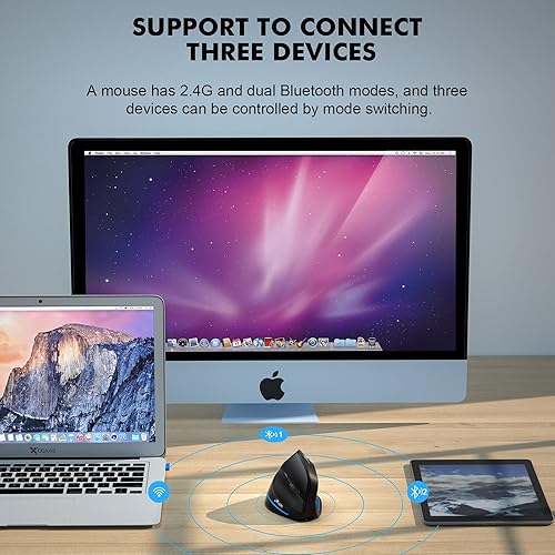 Vista 2 de Ratón ergonómico inalámbrico, mouse Bluetooth vertical con conexión de 3 dispositivos (Bluetooth 5.0 + 5.0 + USB) con 3 DPI 240016001000 ratones