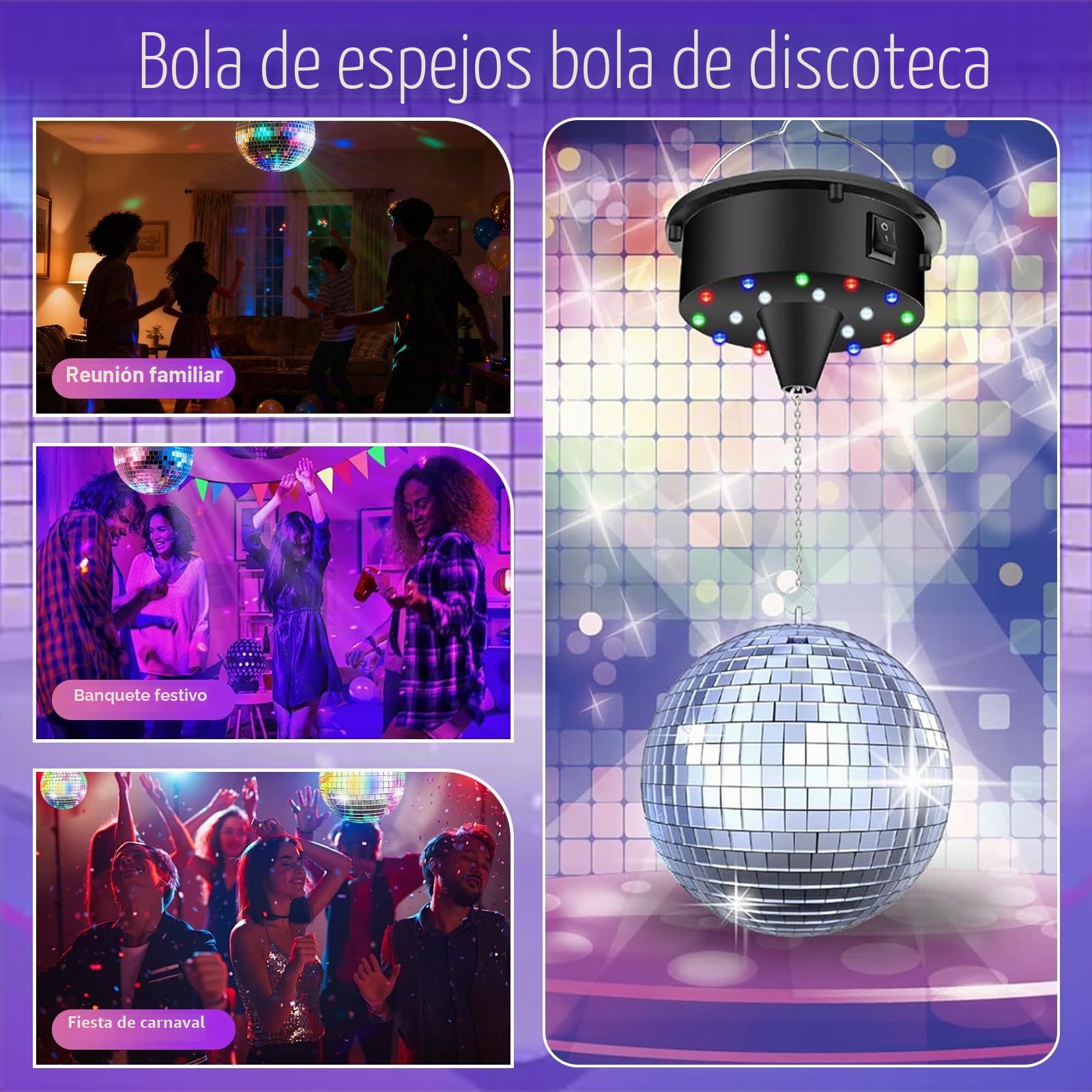 Bola de discoteca con motor y luz (10 U/min) – Bola de discoteca plateada de 20 cm, 6 modos de color y 30 perlas LED, para discoteca, fiesta y efectos de luz (Especificación europea)