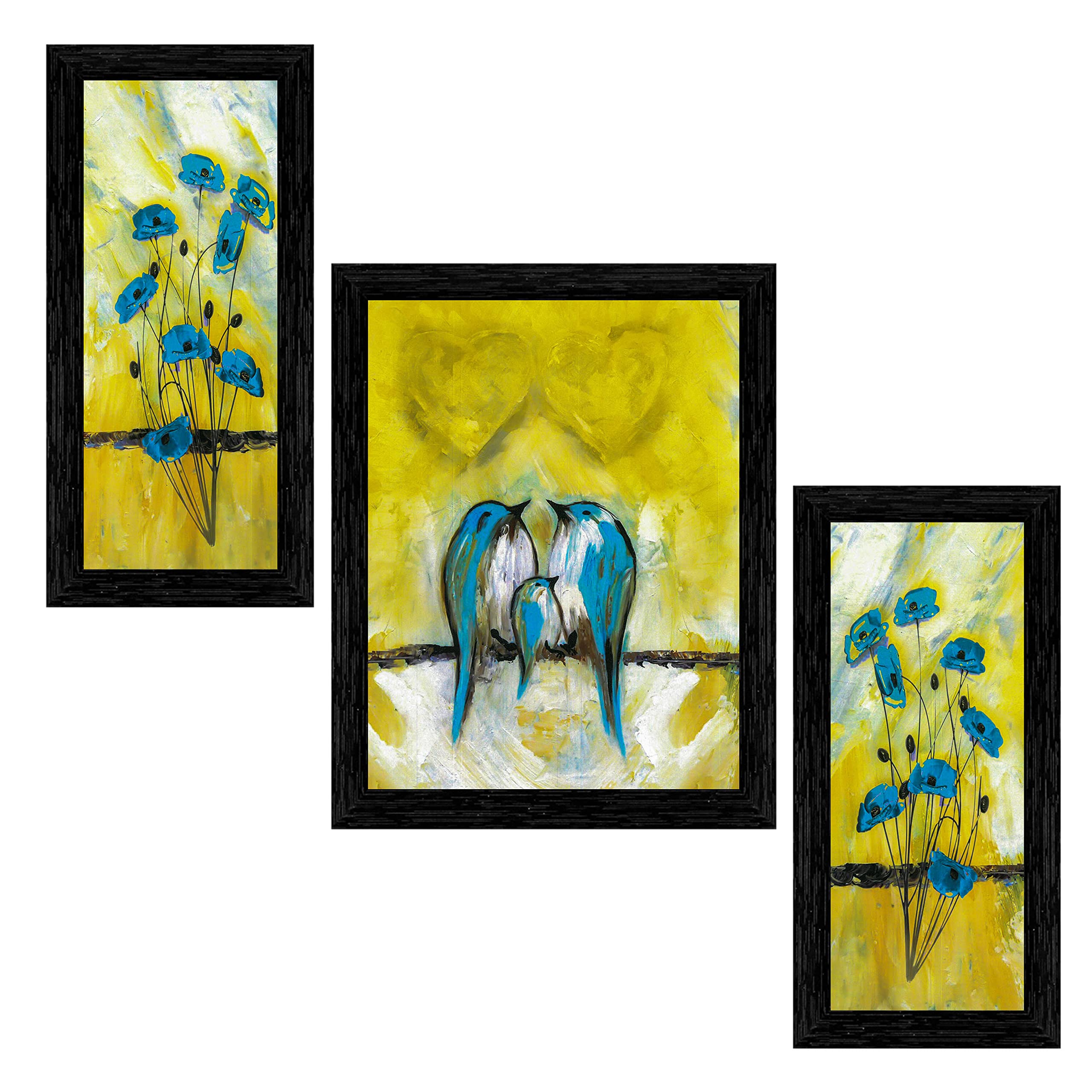 Indianara Set of 3 Abstract Birds and Flowers Framed Art Painting (1107BK) without glass 6 X 13, 10.2 X 13, 6 X 13 INCH