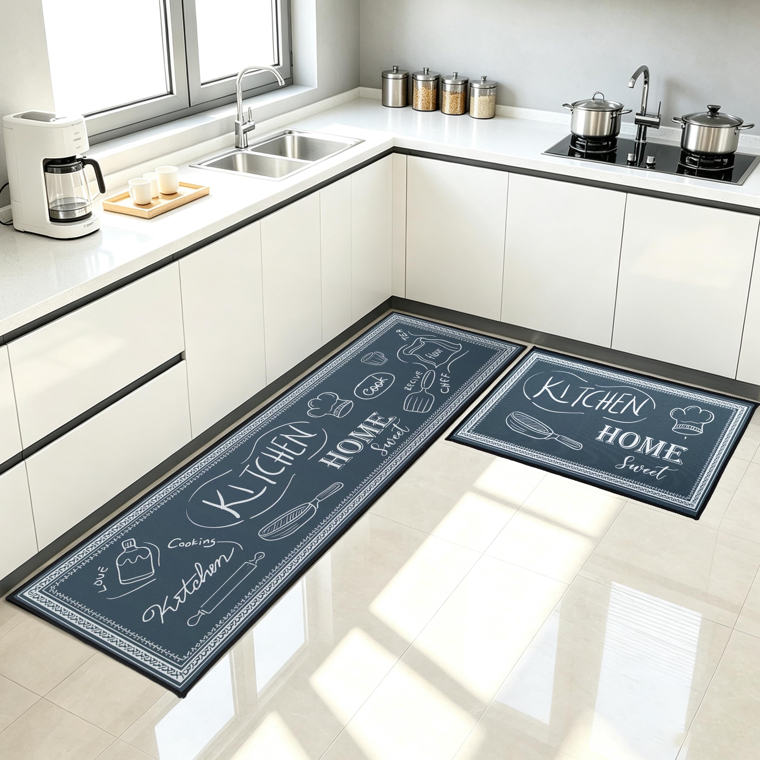 LHHMZ 2 Pieces Kitchen Rug Set, Non Slip Washable Kitchen Mat Set, Standing Floor Mats for Hallway Office Home Decoration, 43x75cm + 43x120cm