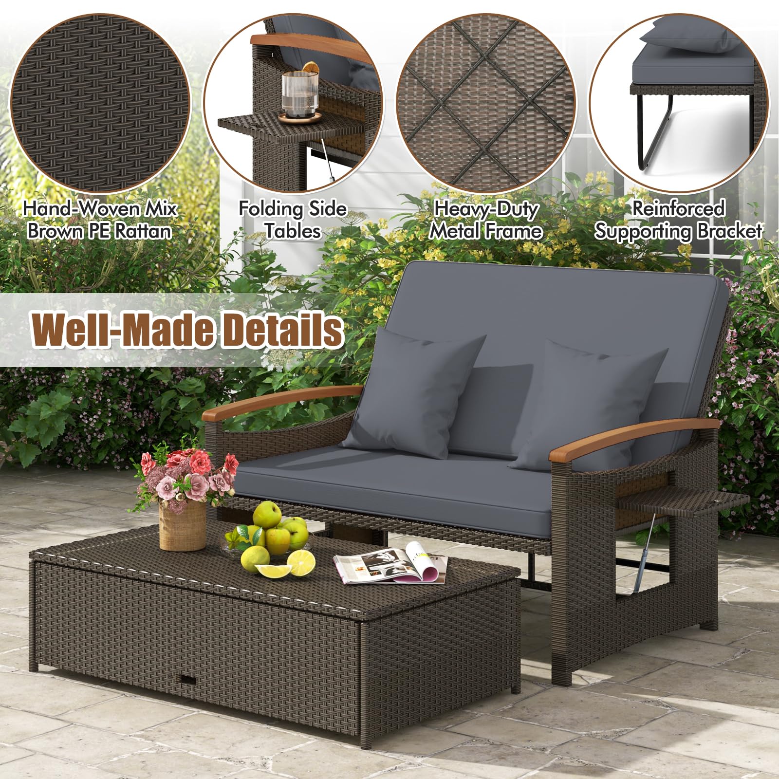 GIANTEX Divano da Giardino in Rattan a 2 Posti con Funzione Allungata, Set di Mobili in Rattan con Sgabello, Doppia Sedia a Sdraio per 2 Persone, 3 Colori (Cuscino Grigio)