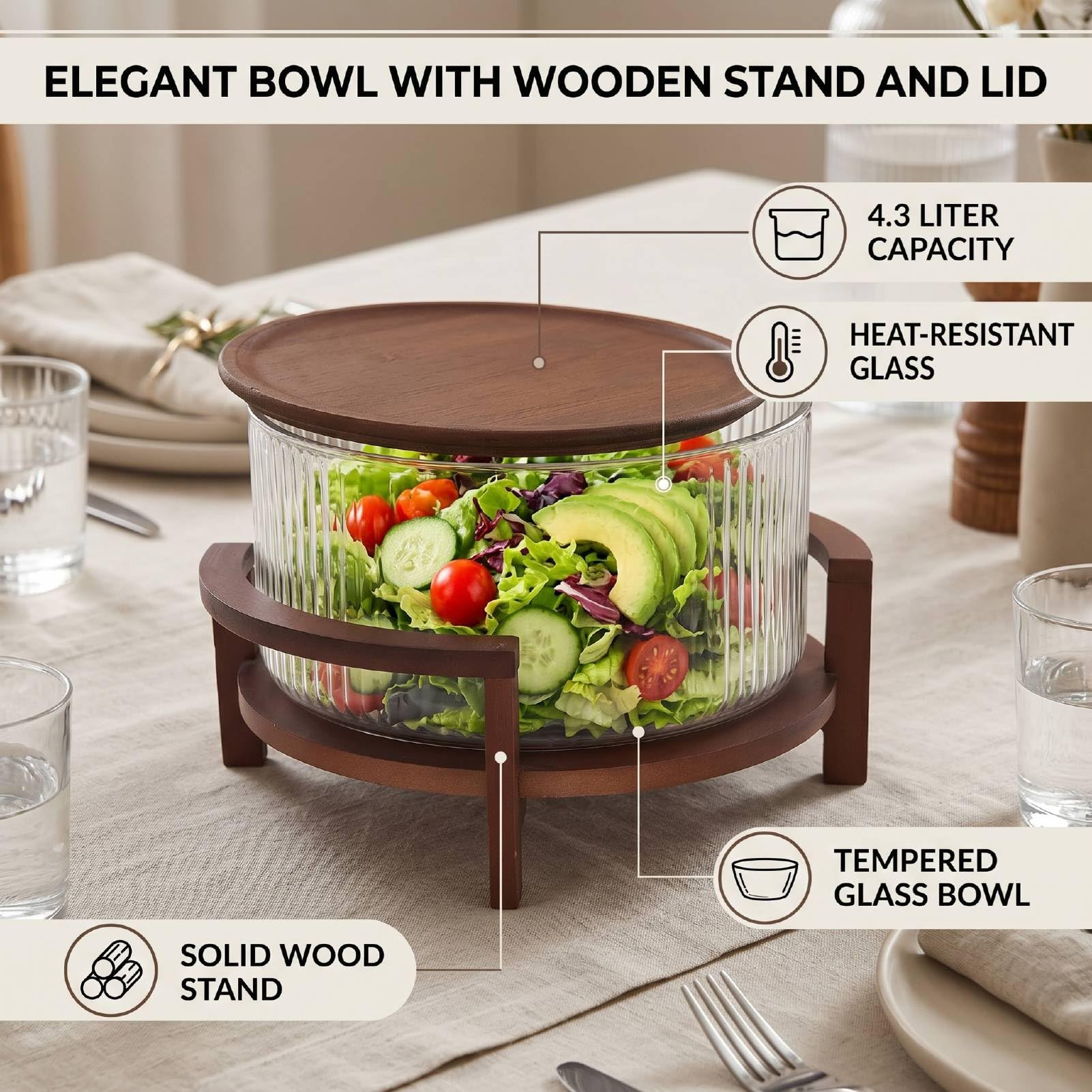 Fockety Ensaladera de Vidrio, Ensaladera de 4,3 L con Tapa y Base de Madera para Ensaladas, Pasta, Frutas y Aperitivos, Decorativa, Cuenco de Vidrio para Mezclar
