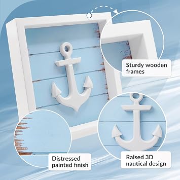 Tide and Tales Nautical Wall Art, Bathroom Wall Decor, Set of 3, Sky Blue | 7 x 7, Framed, Hanging Ready, 3D Coastal Wall Art with Lighthouse, Ship Wheel and Anchor, Beach Decor for Bedroom, Gift Box