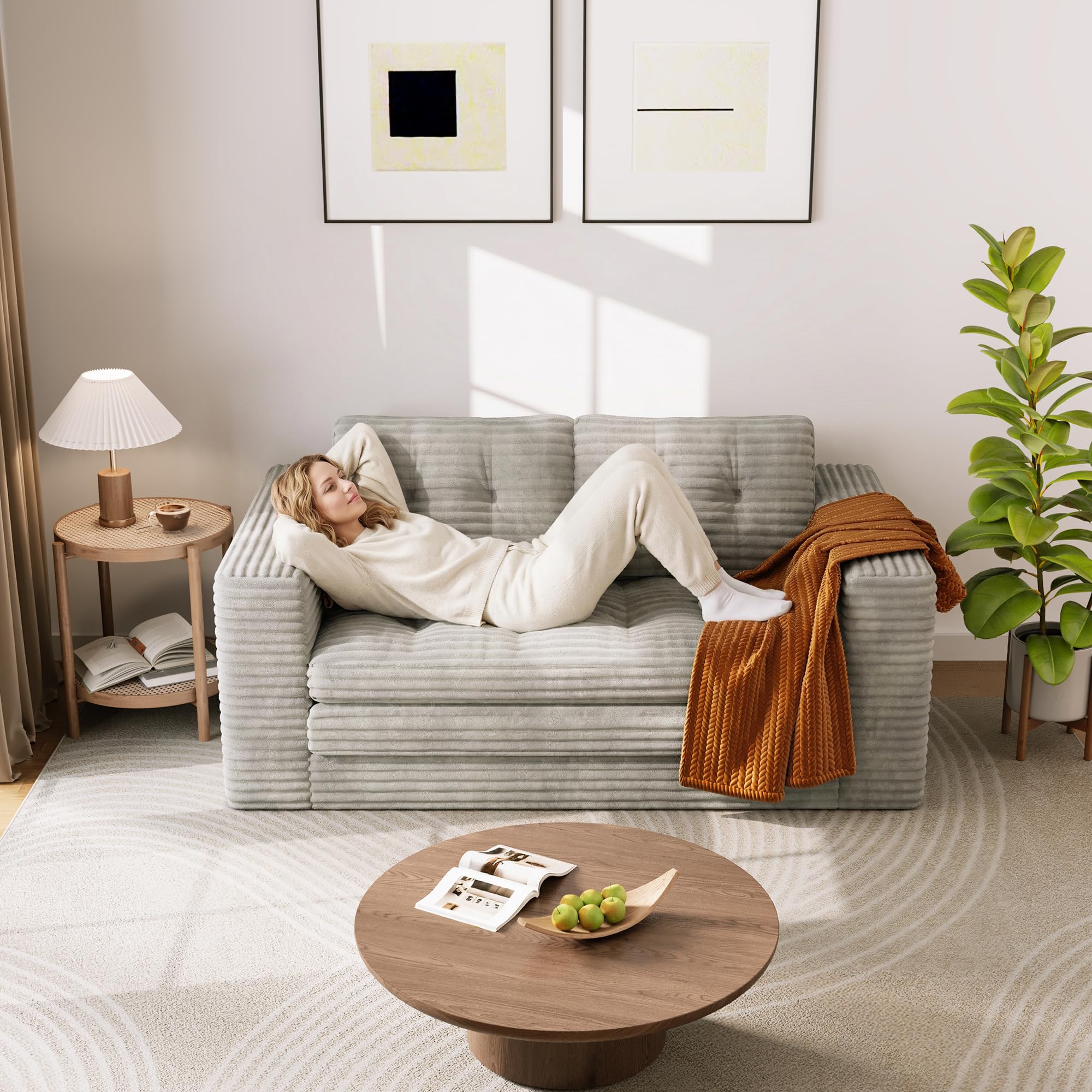 Xbro Sofa Cama 2 Plazas, Sillón Cama Convertible 3 en 1, Sofa Comprimido para Sala de Estar, Tela de Pana, 150 x 86 x 75cm, Gris Claro