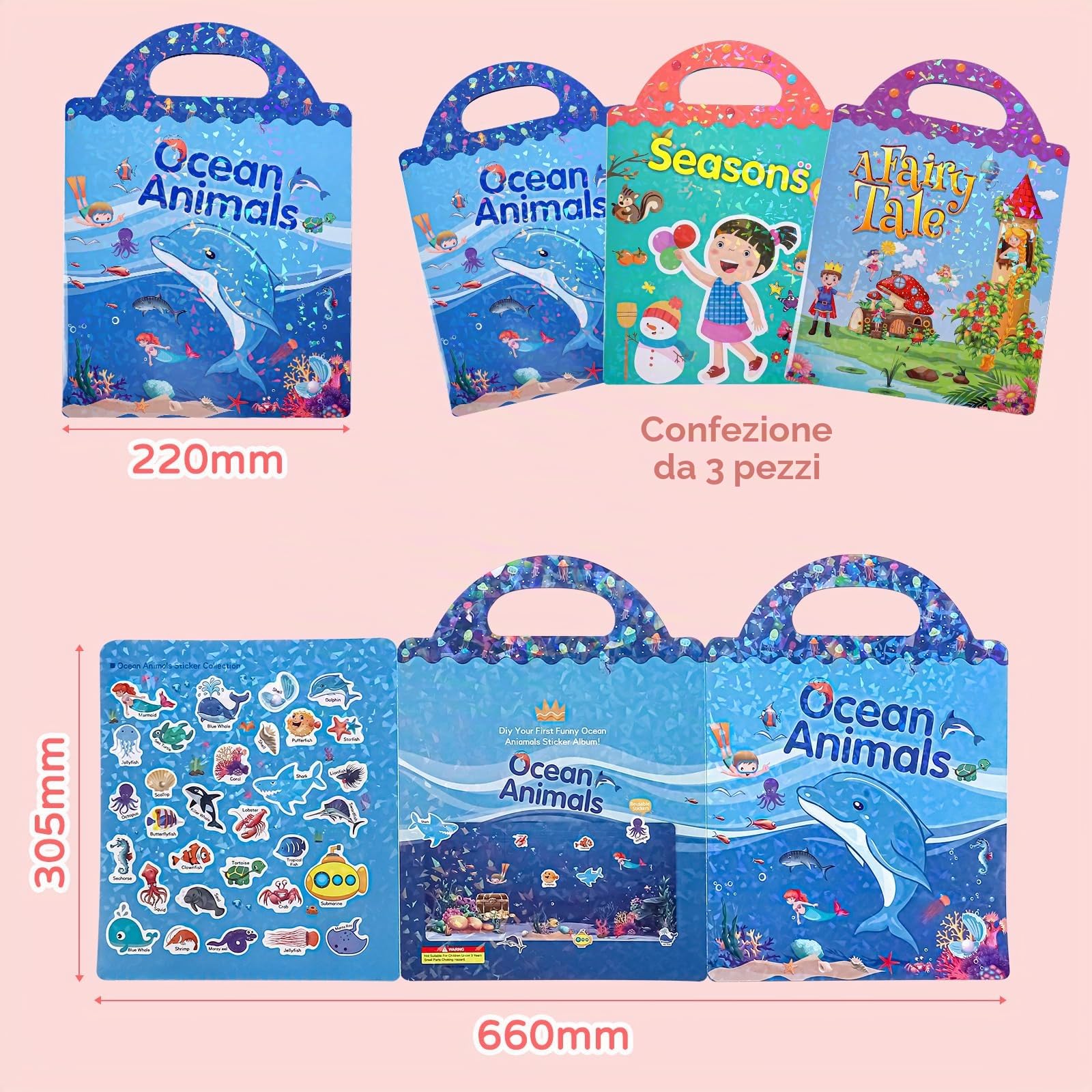 Trasparente 3D Riutilizzabile impermeabile Sticker Libri Giocattoli per bambini 3 Pack Libri adesivi per età 3-6 anni Ragazzi Ragazze adesivi stagioni,fiabe,animali marini Sticker educativo Giocattoli
