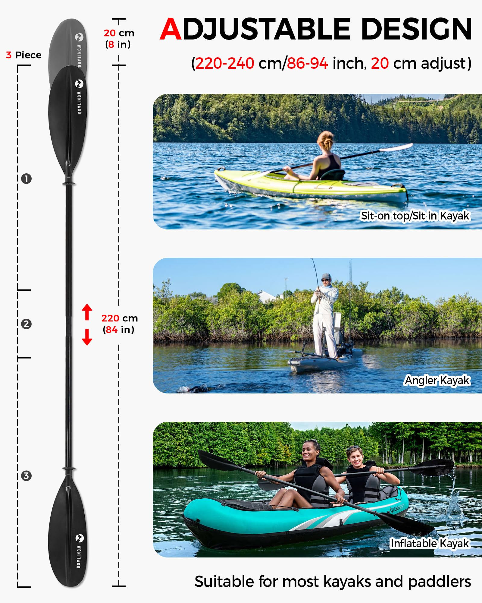Pagaia per kayak con albero in fibra di vetro di alta qualità e lama in PP migliorata, remo regolabile per kayak, 220-240 cm, 240-260 cm