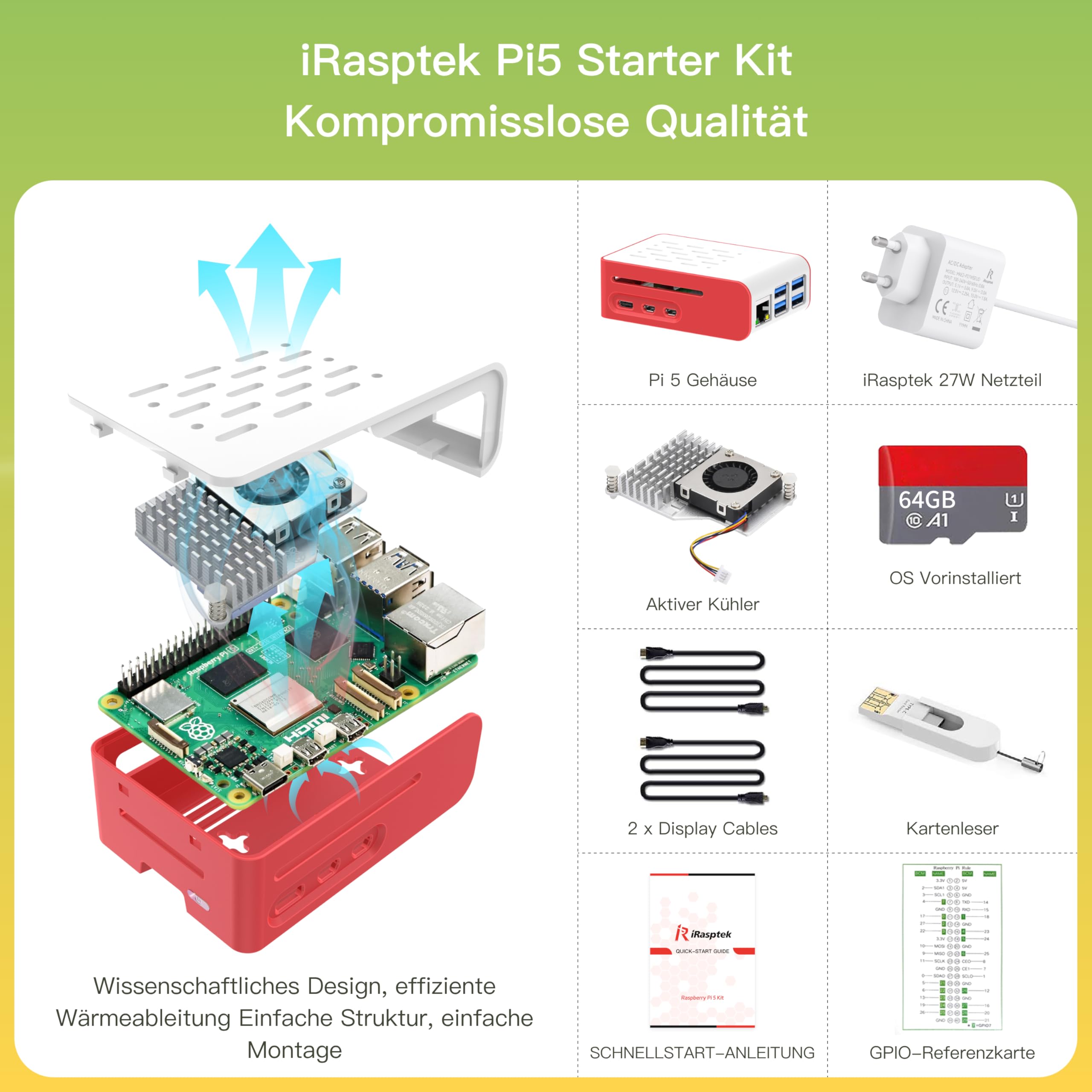 iRasptek Starter Kit for Raspberry Pi 5-64GB Edition von OS-Bookworm vorinstalliert (Rote und weiße Gehäuse) (4GB-64GB)