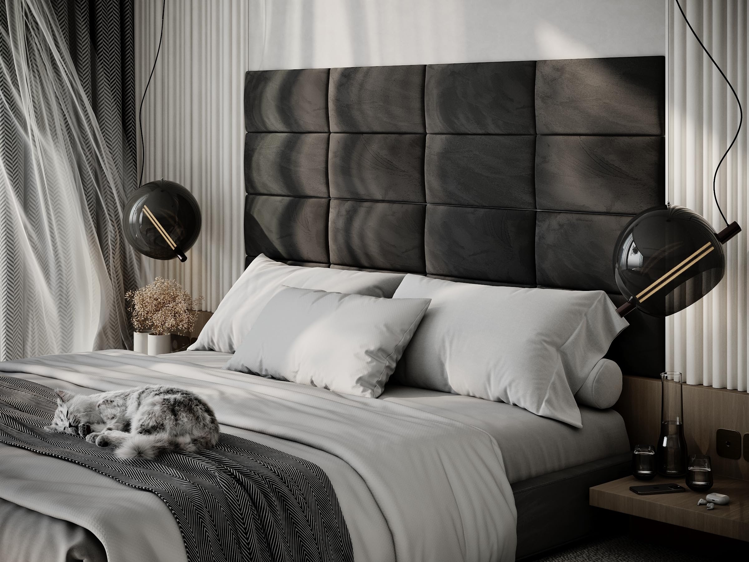 ua acoustics Upholstered Decorative Wall Panels Velvet Headboard Padding | Cushioned Planks | Padded Decor Collision Avoidance | Acoustic Soundproofing Treatment | (Black, 2x Rectangle (25x50cm))