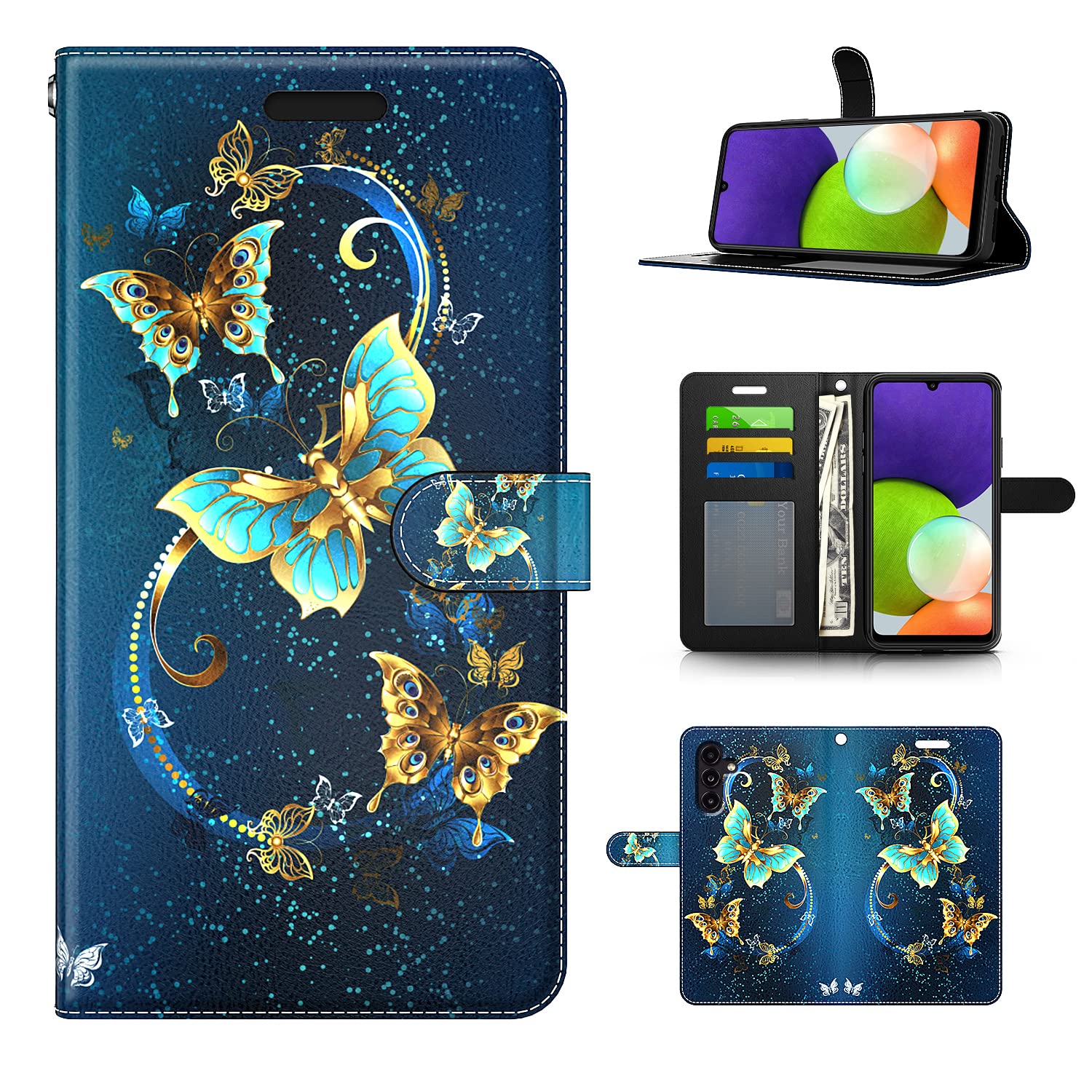 KACHEN for Samsung Galaxy A14 5G Case, Magic Butterfly Wallet Pouch Case PU Leather Flip Cover with Hand Strap, Credit Card Slots Hybrid Cell Phone Case