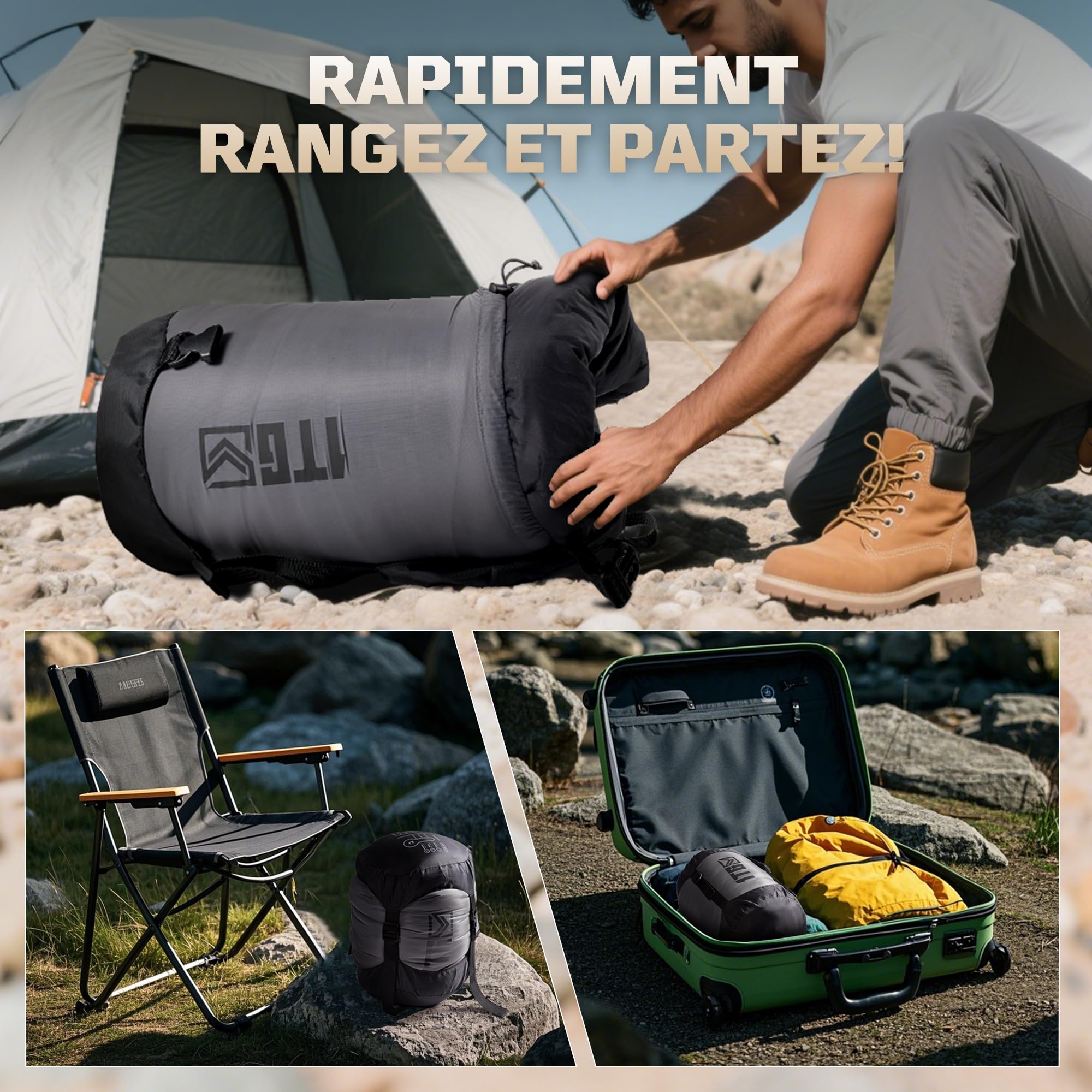 Sac de Couchage Momie 3 Saisons Adulte, Léger et Compact, Déperlant, Confort pour Nuits Fraîches, Idéal pour Camping, Vanlife, Festival et Road Trip, jusqu'à 185 cm
