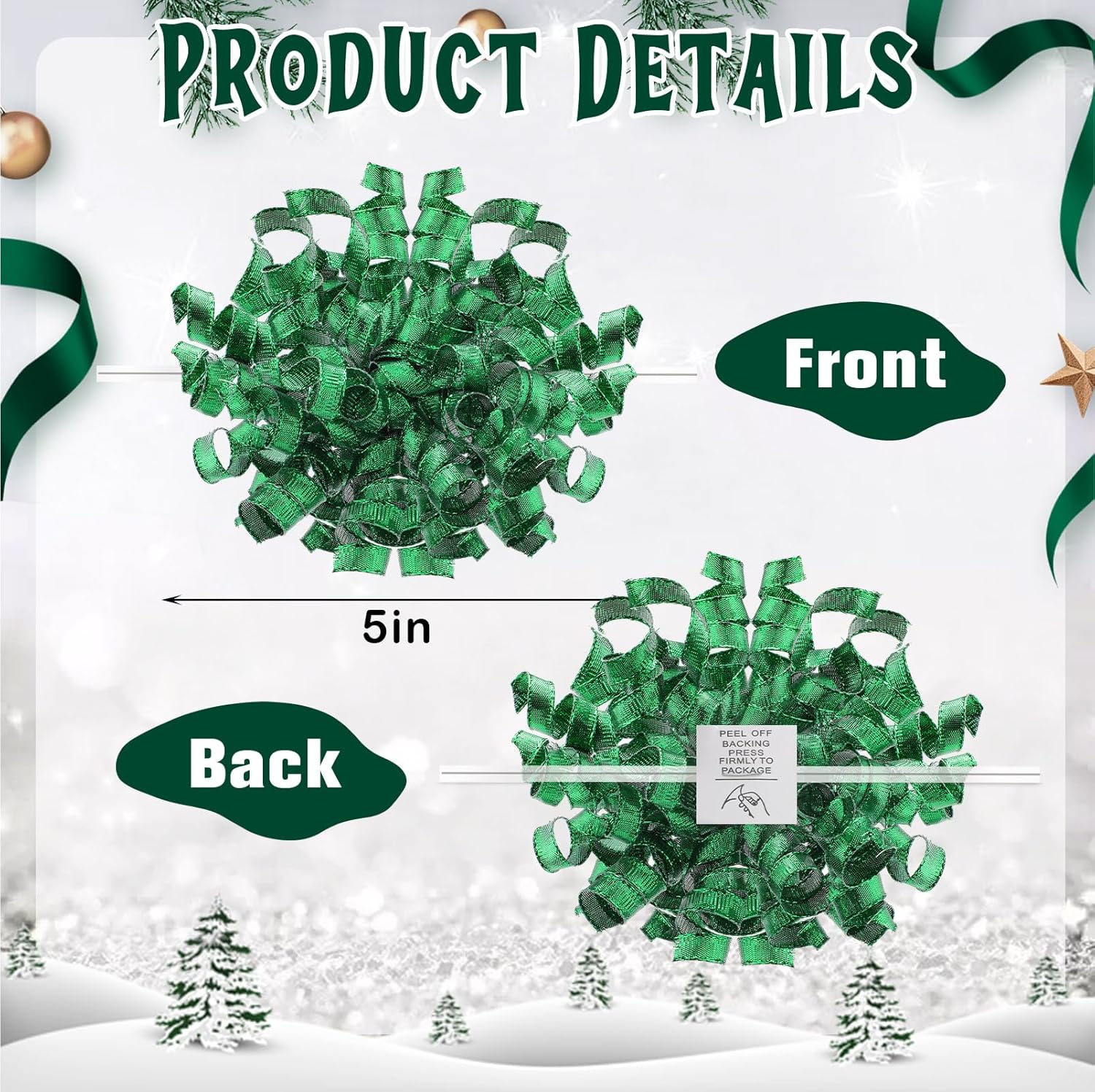 12 Pcs Large Christmas Bows for Gift Wrapping 5 Inch Metallic Curly Ribbon Bows Self Adhesive Burst Gift Bow for Xmas Presents Wine Bottle Treat Bags Party Decorations(Green) - Image 2