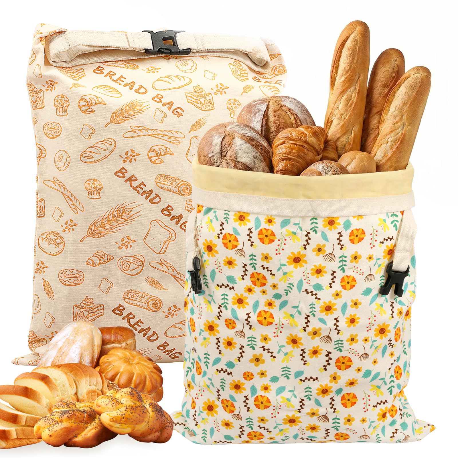 2 Stück Bienenwachs Brotbeutel 42.5x33 cm Wiederverwendbare Brottüte aus Baumwolle für Sauerteig und Stangenbrot Nachhaltige Aufbewahrung Tasche mit Schnalle Frischhaltebeutel für Brot und Käse