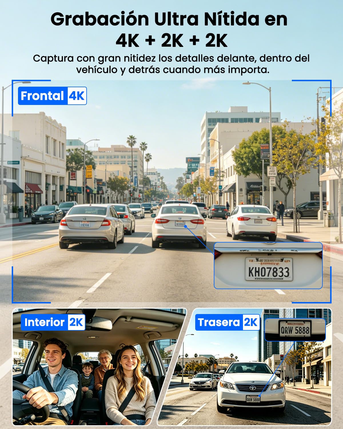 4K Dashcam Coche 3 Canales, Frontal Trasera y Interior 4K+2K+2K | GPS, 5GHz WiFi, WDR, Visión Nocturna, Visión 170°, G-Sensor, Monitor de Aparcamiento 24/7, Tarjeta de 64GB Incluida