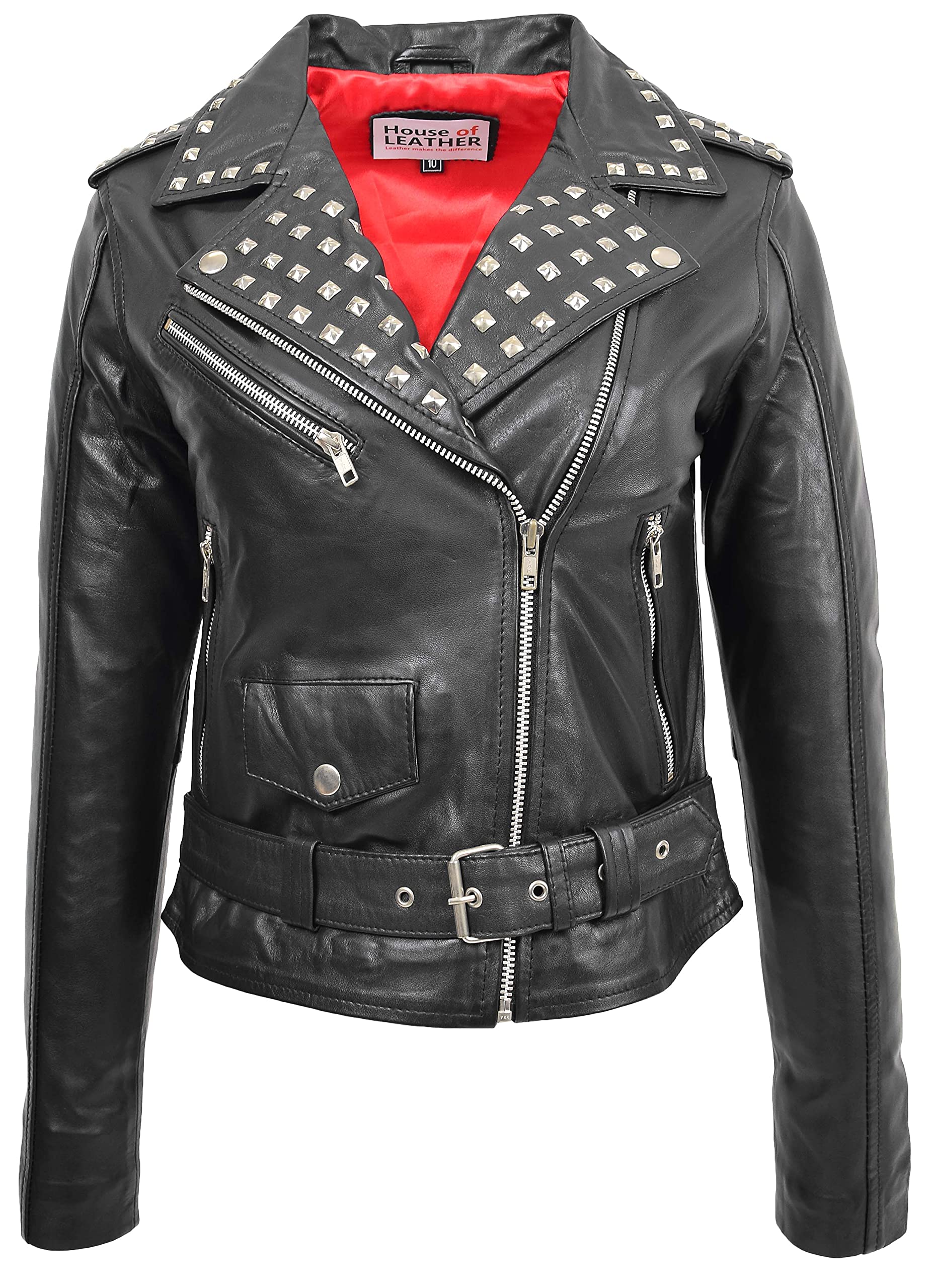 Womens Real Leather Biker Jacket Classic Brando Studded Collar Salma Black (12)