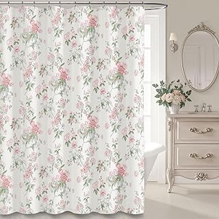 Pink and Sage Green Floral Vintage Shower Curtain,Cottage core Cotton Sh...