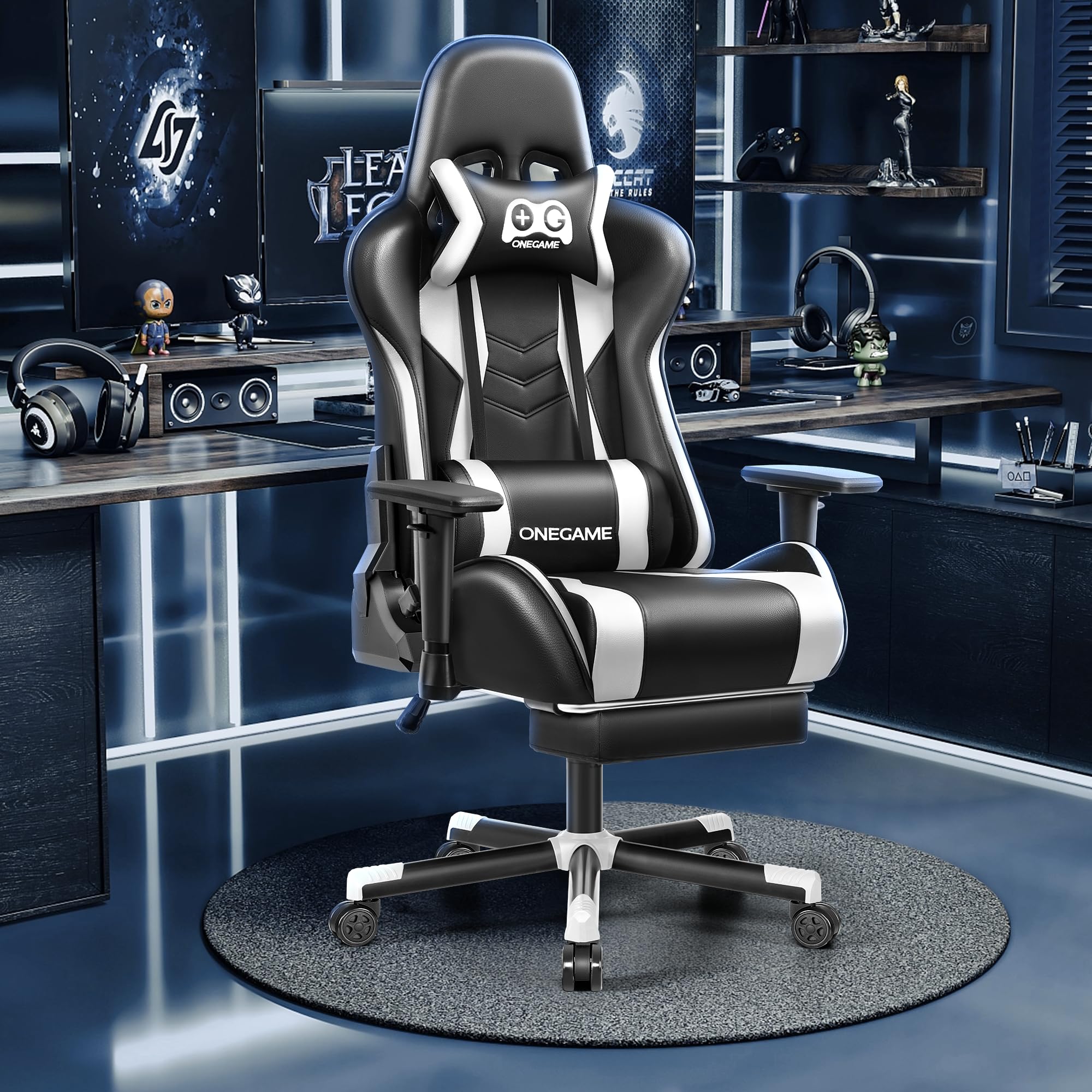 OneGame Sedia Gaming con Poggiapiedi, 3D Braccioli Sedia Gamer grande alta, Ergonomica Regolabili in pelle PU, PC videogiochi Ufficio, 150-200KG, Bianco