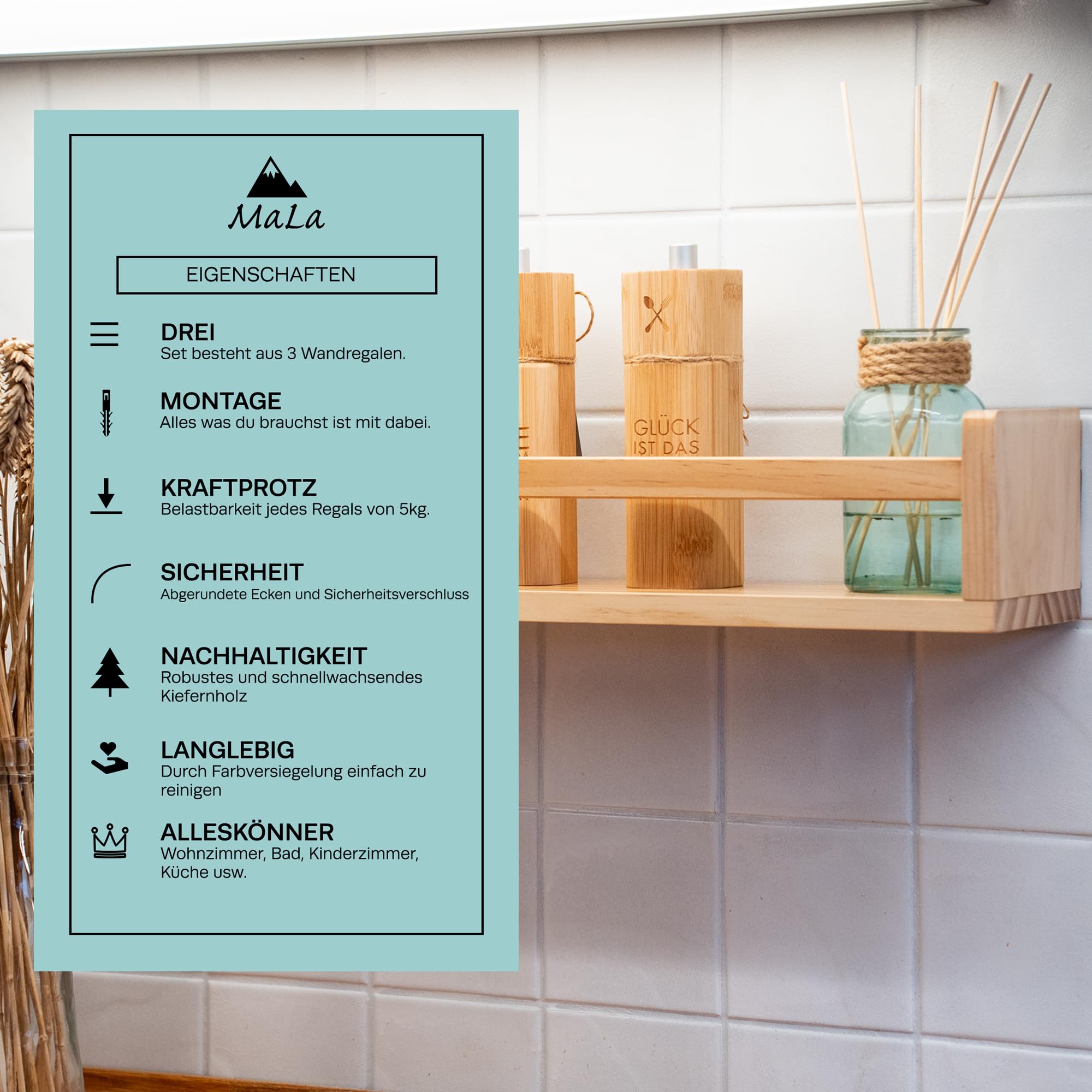 MaLa - 3er Set Natur Bücherregale aus Massivholz – Schweberegal Kinderzimmer Badezimmer Küche Wohnung – Montessori Wandregal für Spielzeug Bilder und Bücher | Abgerundete Ecken