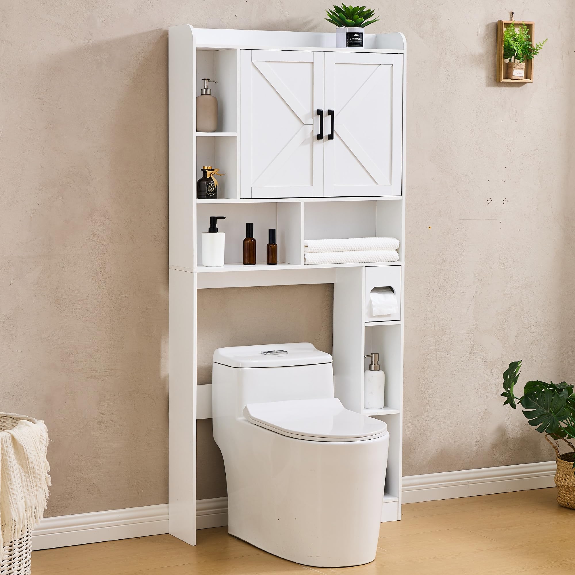 Over The Toilet Storage Cabinet, 32 Inches Width Farmhouse Storage Cabinet Over Toilet with 2 Barn Door, Toilet Paper Holder Stand, Toilet Rack for Bathroom, Laundry, Restroom, White