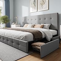 Vista 10 de WEEWAY Base de cama de plataforma de tamaño matrimonial con 4 cajones de almacenamiento, cabecera capitonada con botones de costura de diamante