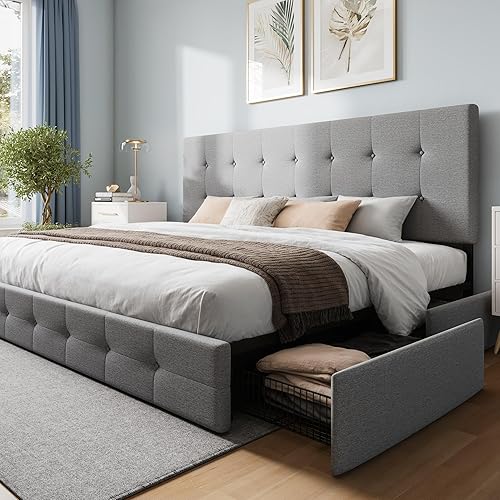 Miniatura 9 de WEEWAY Base de cama de plataforma tamaño Queen con 4 cajones de almacenamiento, cabecera capitonada con botones de costura de diamante, base de