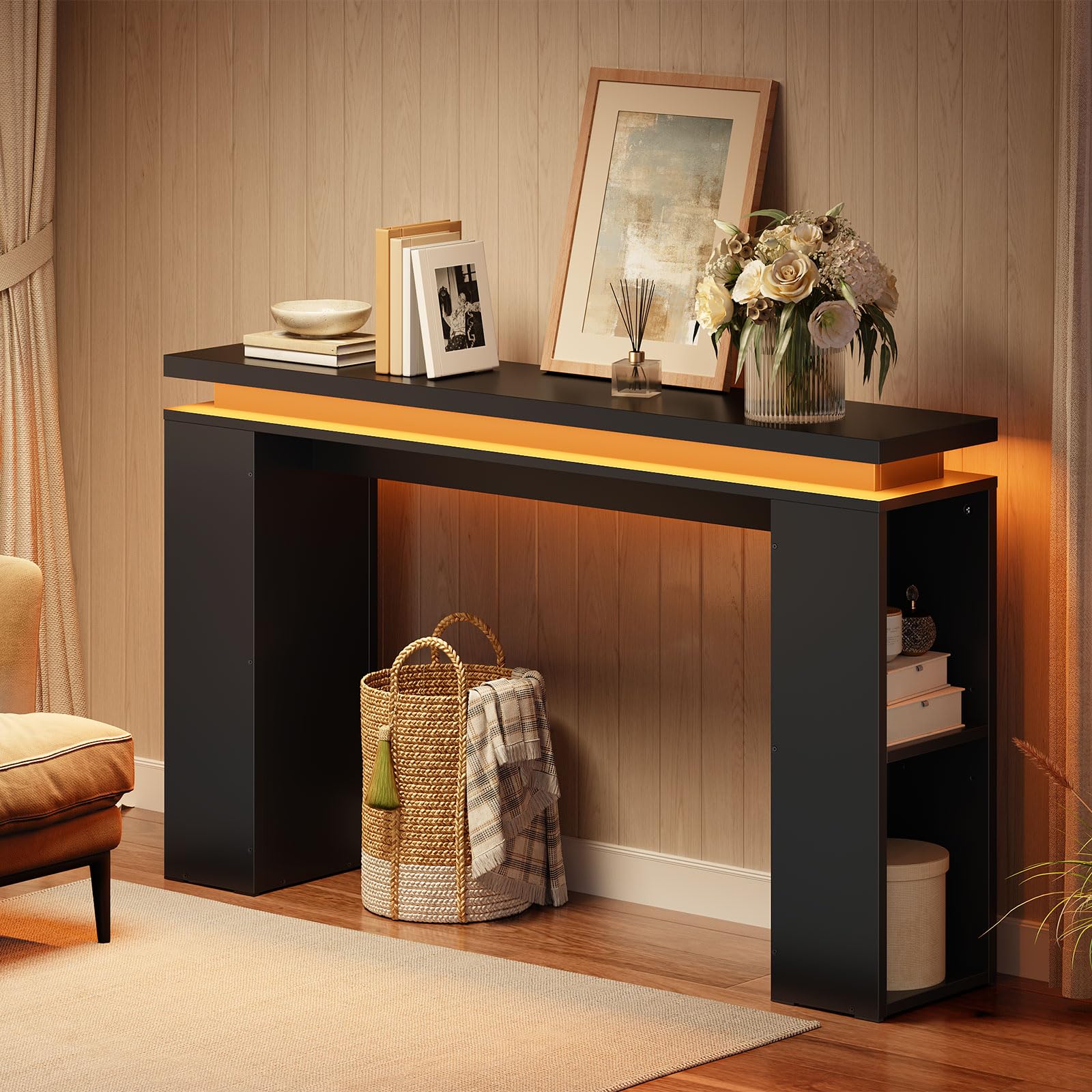 HOOBRO Console Table with LED Lights, 120 cm Narrow Hallway Table with Floating Tabletop and Adjustable Side Shelves, Display Table for Hallway, Living Room, Entryway, Black EBK120DXG01