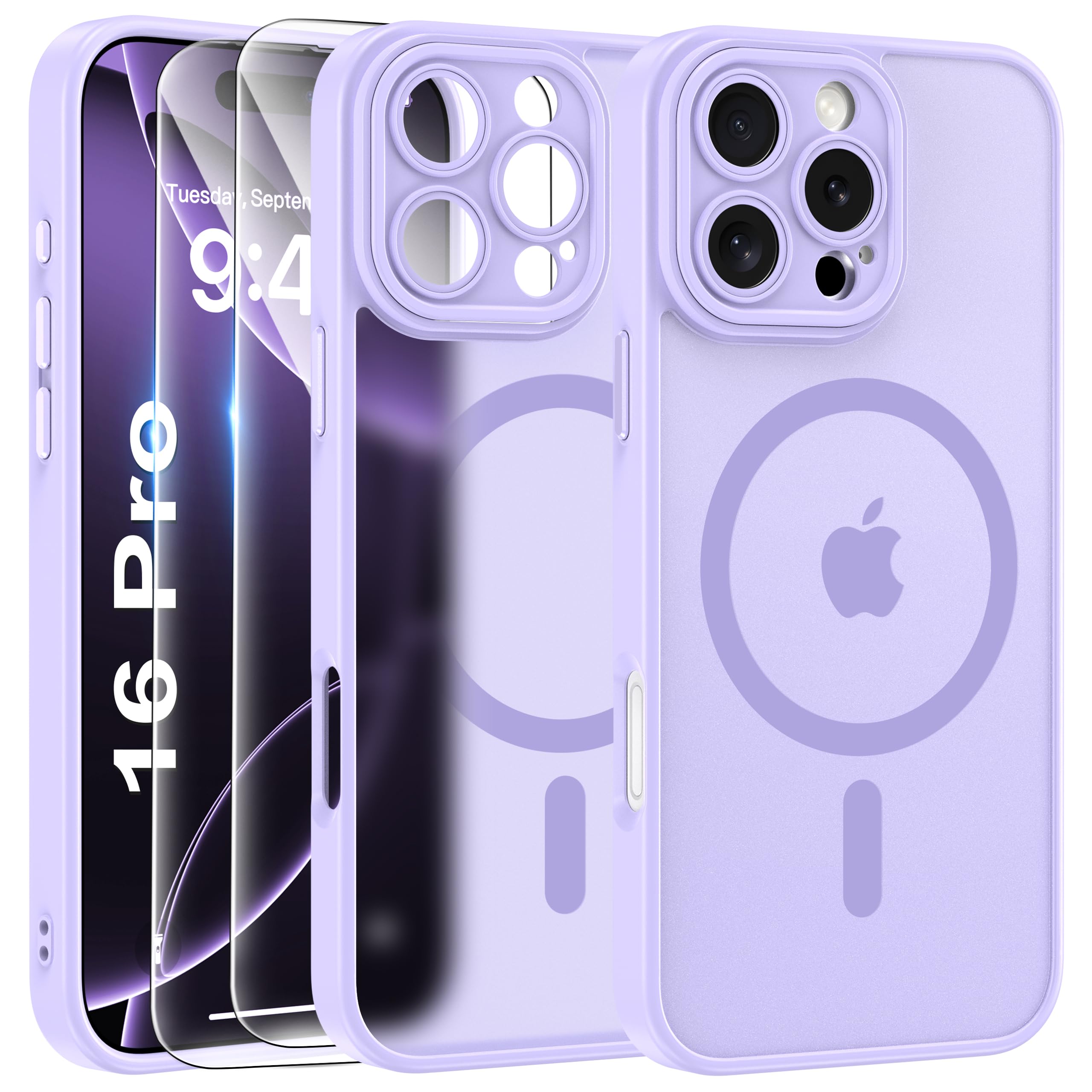 FLLAO Cover Magnetica per iPhone 16 Pro Custodia e 2 Pellicole in Vetro Temperato, Cover iPhone 16 Pro Compatibile con Magsafe, Traslucida Posteriore Sottile Antiurto Protettiva Case, Viola