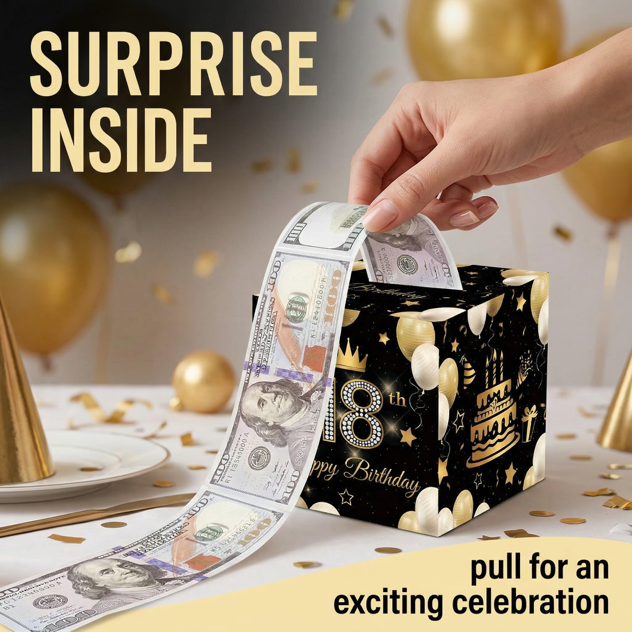 Hucha de Dinero para Cumpleaños 18, Caja de Regalo Efectivo, Negro y Dorado